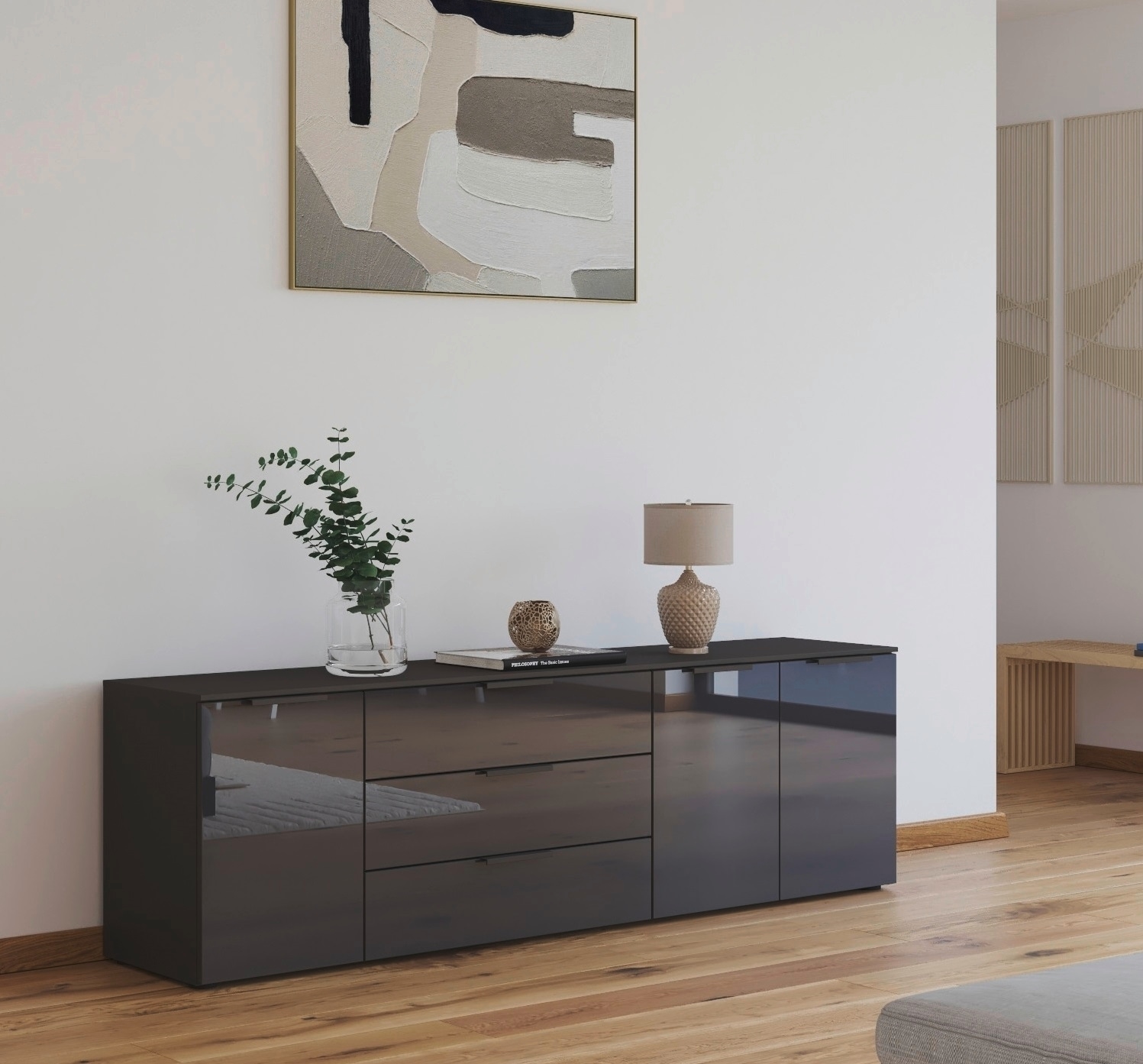 rauch Kombikommode »Kommode Türkommode Sideboard Kombikommode FLIPP mit Glasfront« Breite 200 cm mit 2 Einlegeböden,  3-türig mit 3 Schubladen und Soft-Close-Funktion sowie Glasfront