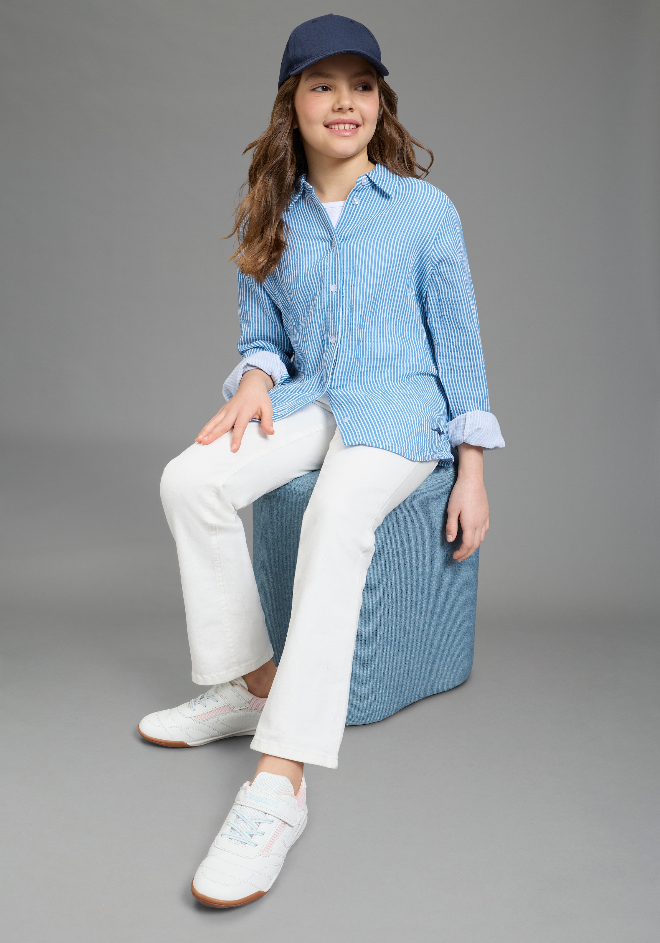KangaROOS Hemdbluse »Kangaroos Musseline Bluse mit modischem Streifen« für Mädchen, Langarm mit Knöpfen am Ärmelabschluss, aus Baumwolle