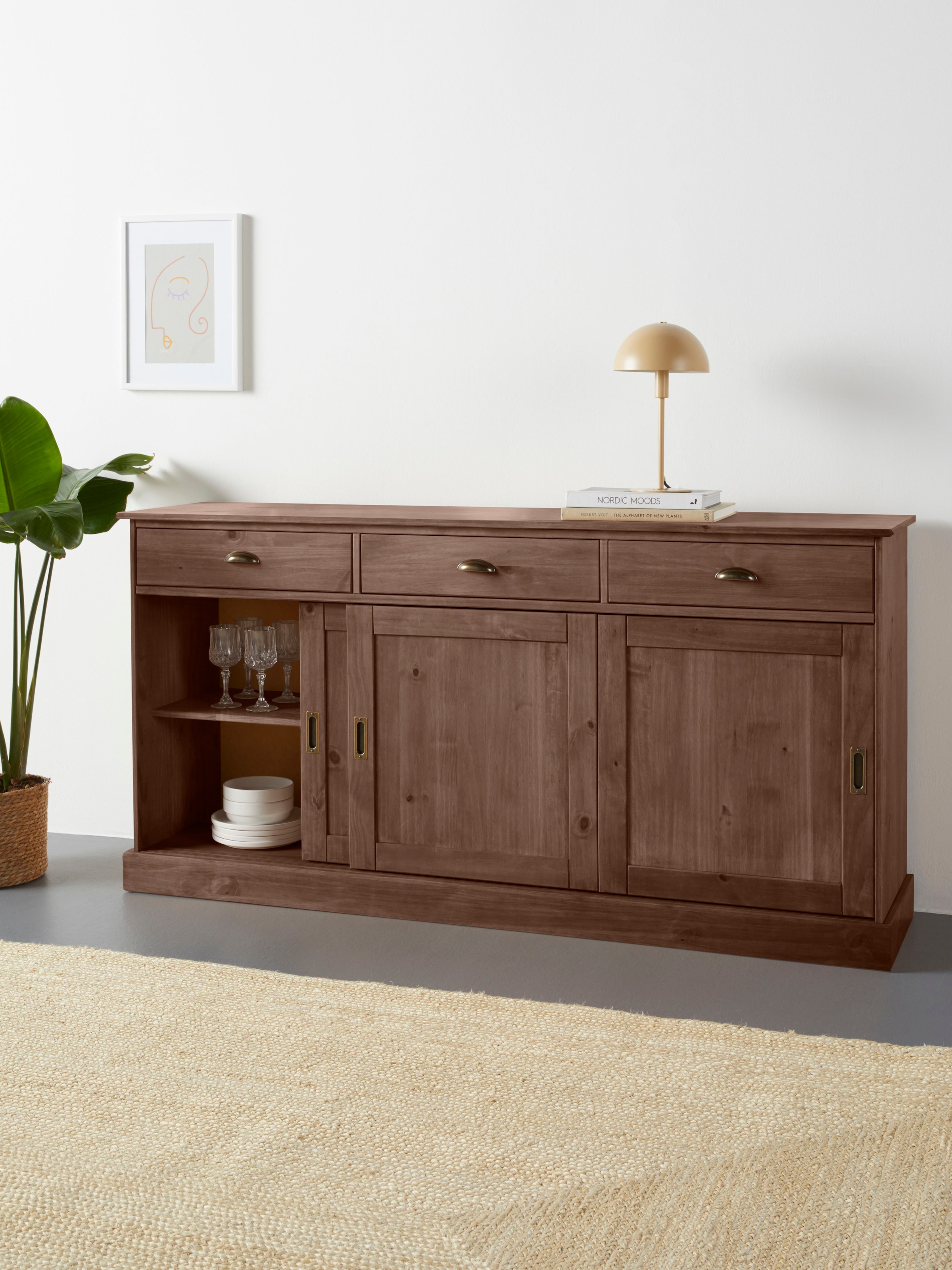 Home affaire Sideboard »Schröder«, Kommode, 3 Schiebetüren, 3 Schubkasten, aus massivem Kiefernholz