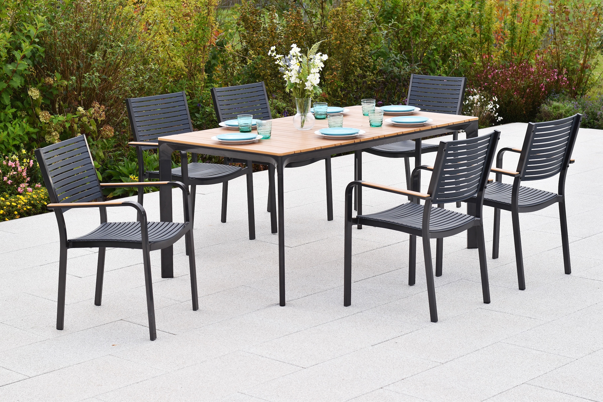 MERXX Garten-Essgruppe »»Paliano«« Set, 7 Stk. tlg. Applikationen, Armlehnen und Tischplatte aus Kunststoff in Holzoptik