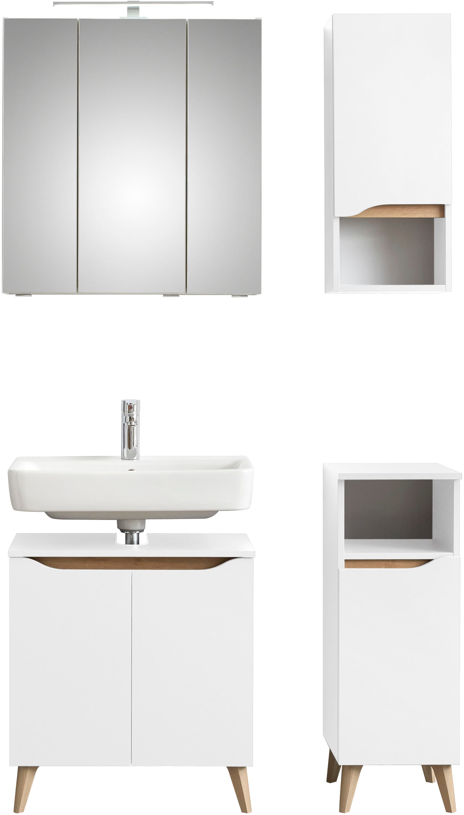 Saphir Badmöbel-Set »Quickset 4-teilig, Waschbeckenunterschrank mit LED-Spiegelschrank«, (8 St.), Unterschrank, Hängeschrank, inkl. Türdämpfer, 7 Türen, Bad-Set