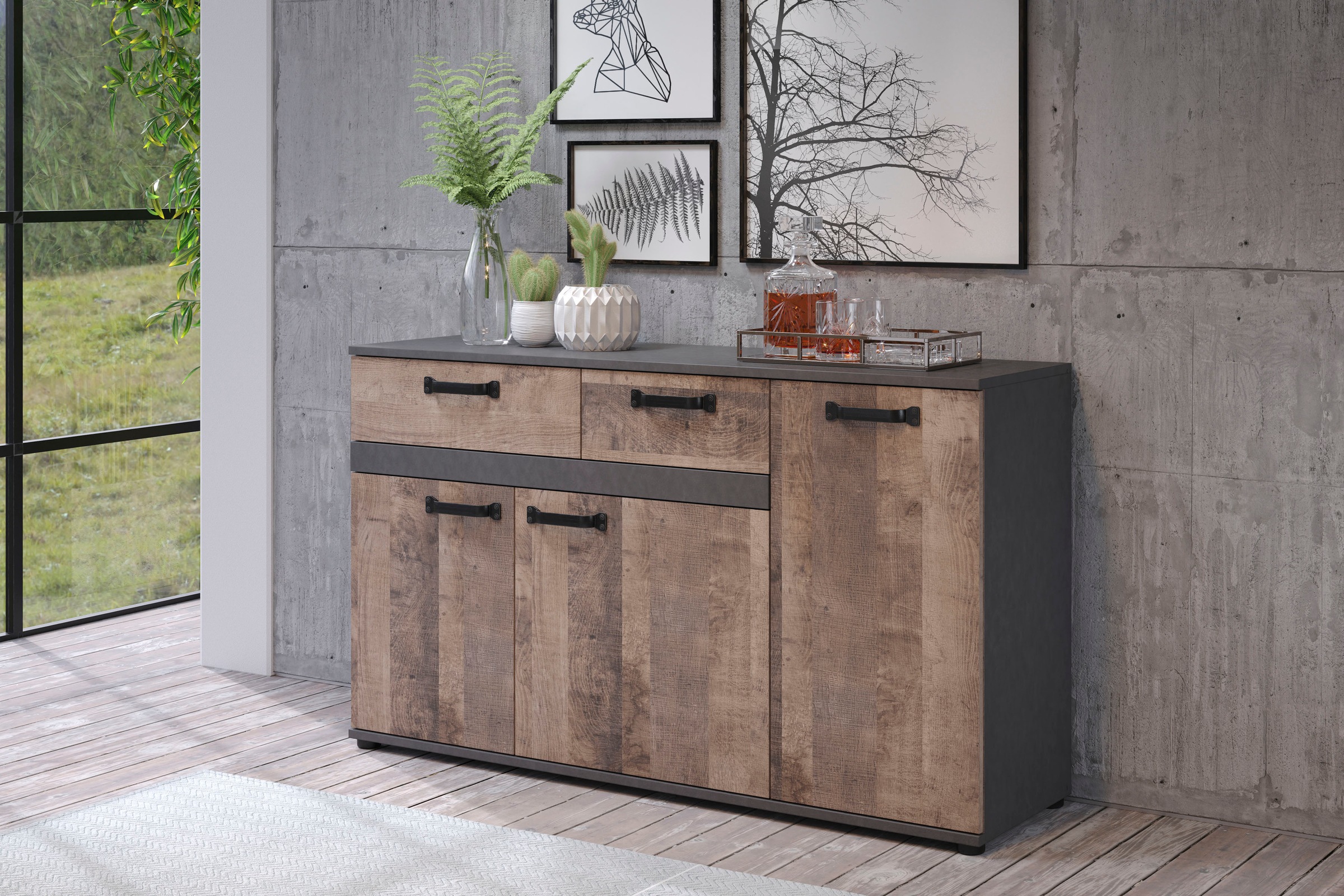 trendteam Sideboard »Stripe«, Rustikale Kommode mit 2 Schubladen und 7 Fächern - 142/41/83 cm