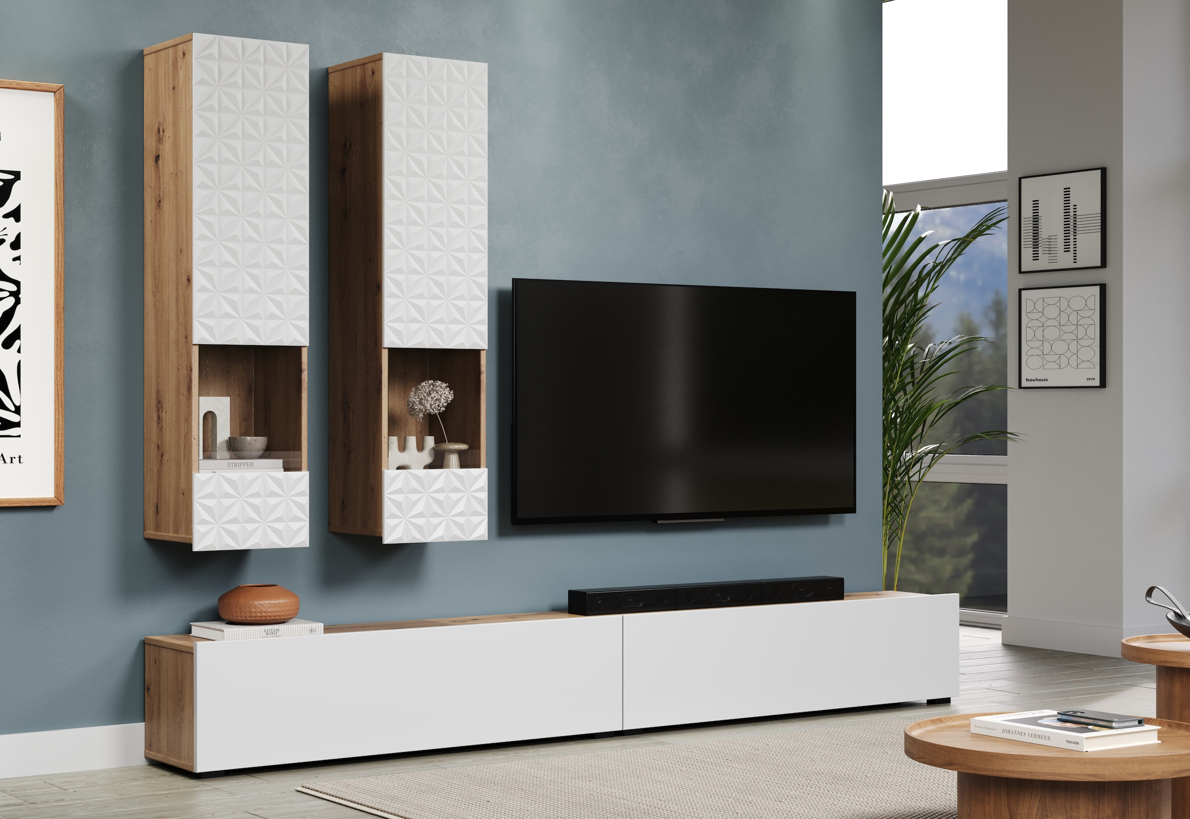 INOSIGN Wohnwand »Rezzo, 2 Hängevitrinen mit Relief-Front, 2 Lowboards je Br. 120 cm«, (Komplett-Set, 4 St.), insgesamt Br. 240 cm, Montage stehend oder hängend