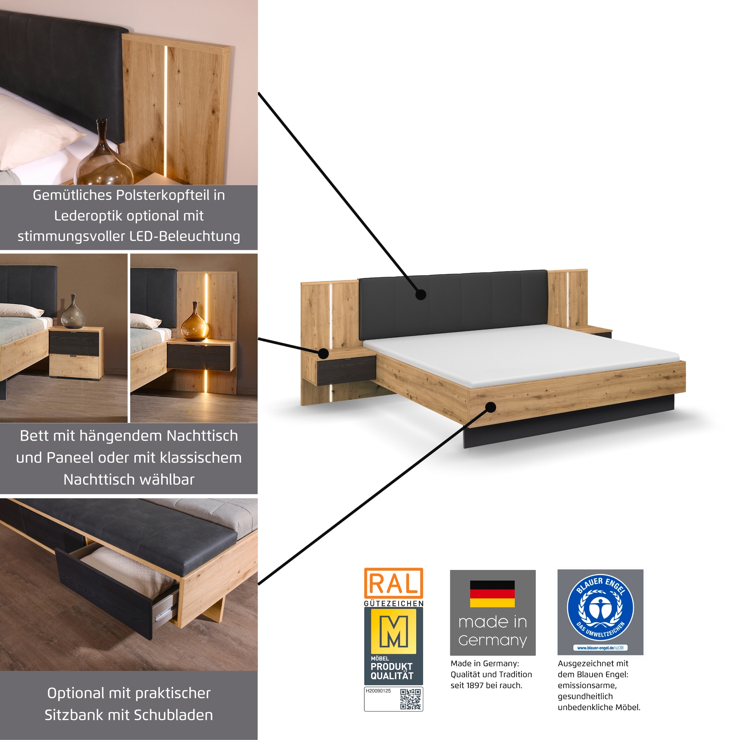 rauch Bettanlage »Bett Doppelbett Komfortbett Funktionsbett APOLLON« Liegefläche 180x200, optional mit Bettbank und Stauraum, 3 tlg. tlg. Polster-Kopfteil in Lederoptik black, 2x Nachttische MADE IN GERMANY