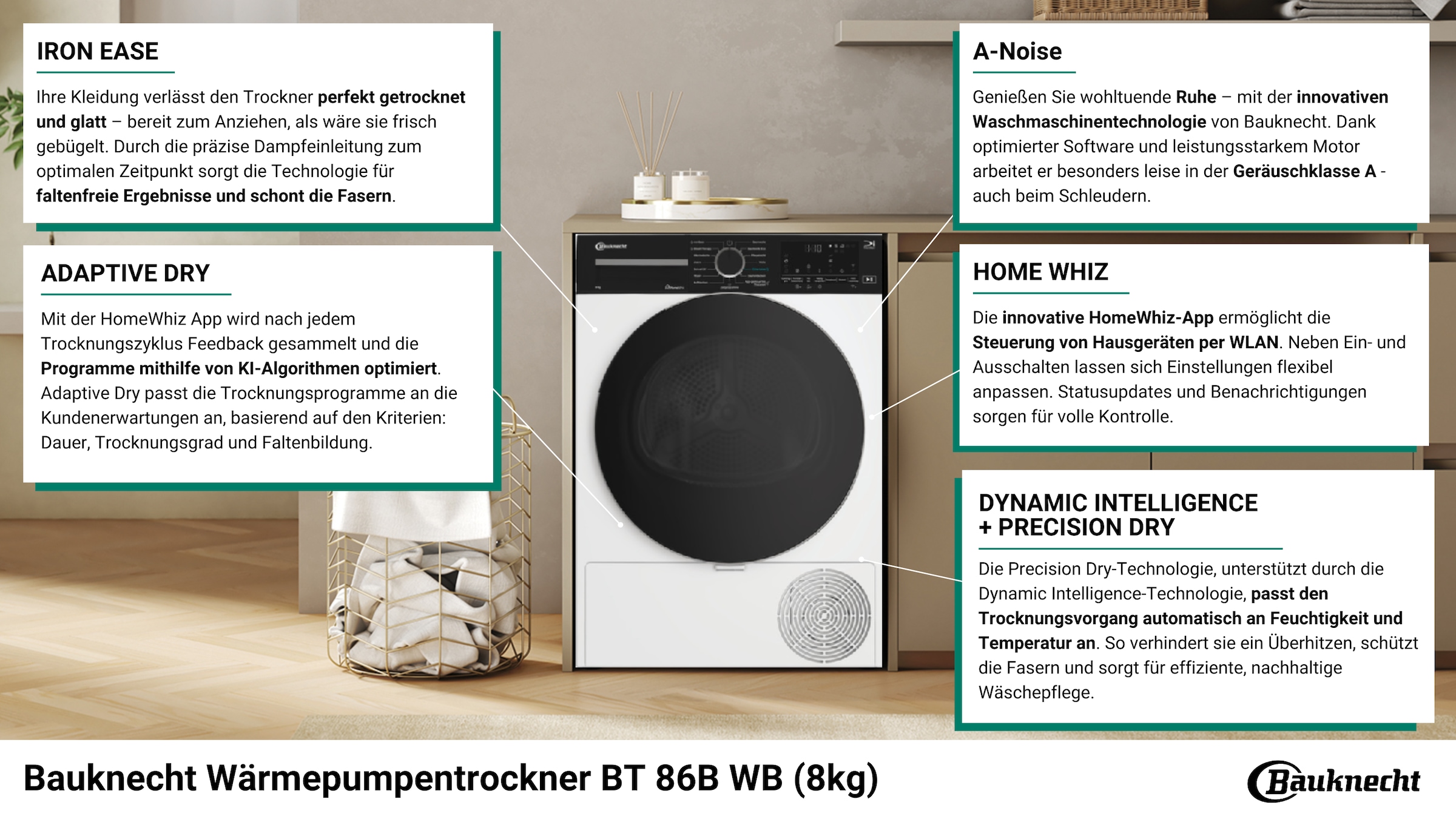 BAUKNECHT Wärmepumpentrockner »BT 86B WB«, HomeWhiz App