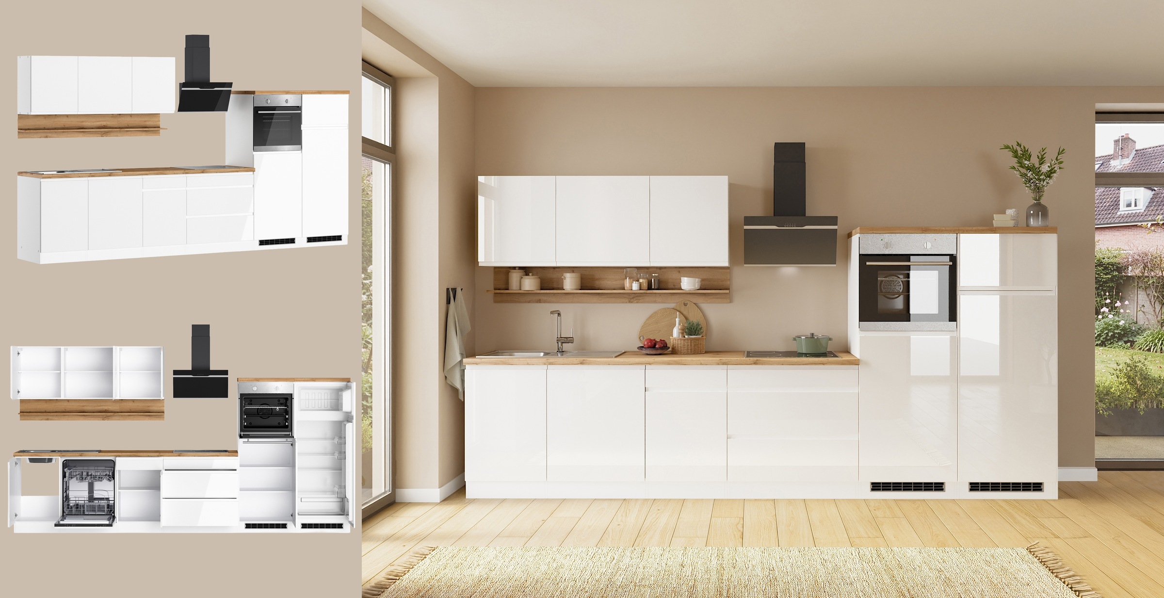 KOCHSTATION Küchenzeile »KS-Virginia,neu in verbesserter Ausführung« Arbeitsplatte 38 mm stark, Stauraum, Softclose,  Breite 360 cm, Softclose, wahlweise mit E-Geräten und Induktion
