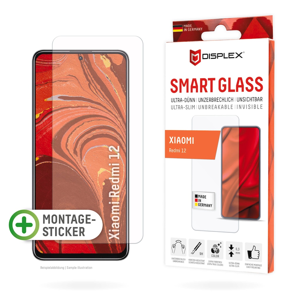Displex Displayschutzfolie »Smart Glass«, für Xiaomi Redmi 12, Displayschutzfolie Displayschutz kratzer-resistent 9H unzerbrechlich