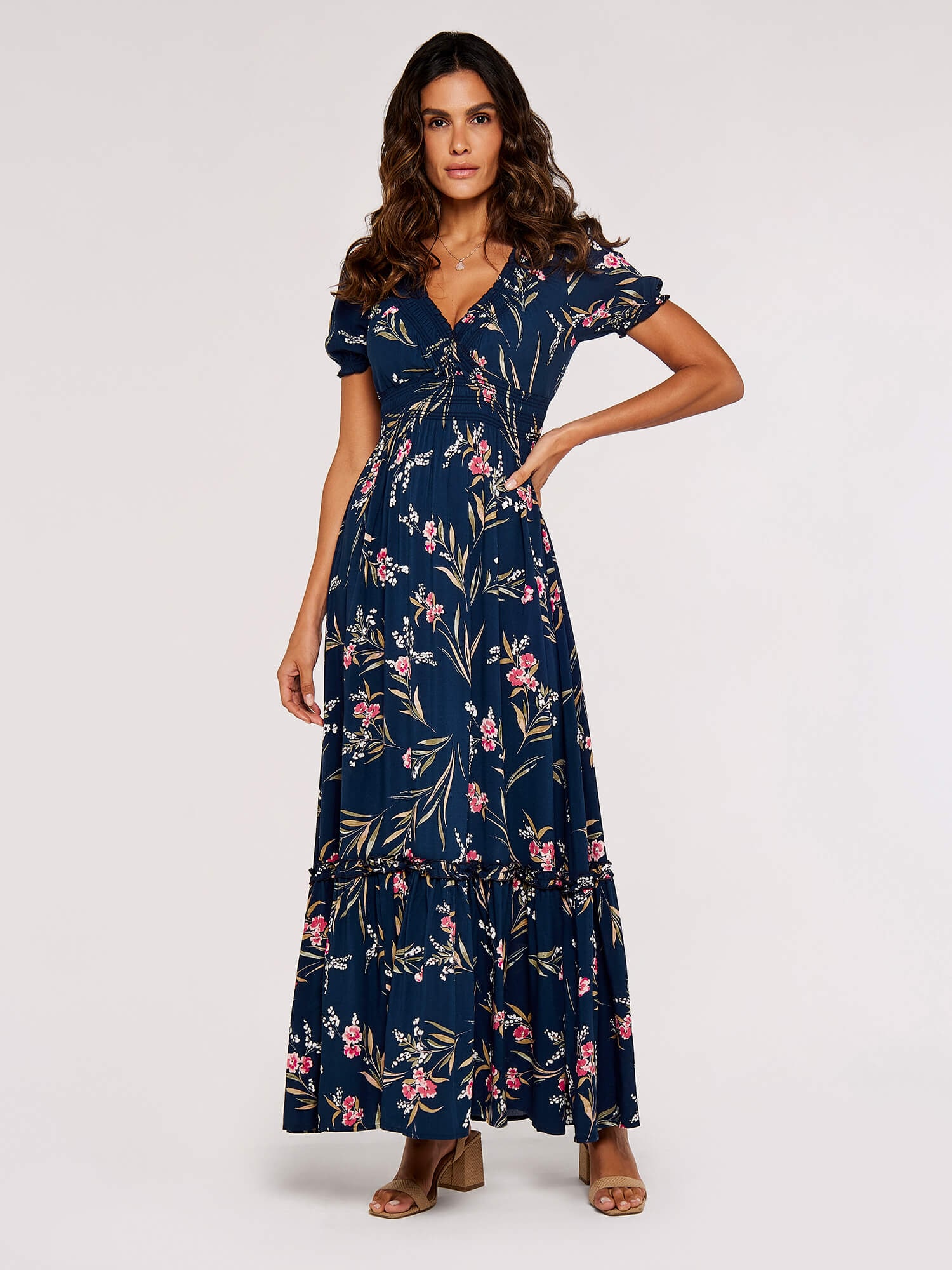 Apricot Druckkleid »Florales Maxikleid« mit gesmokter Taille
