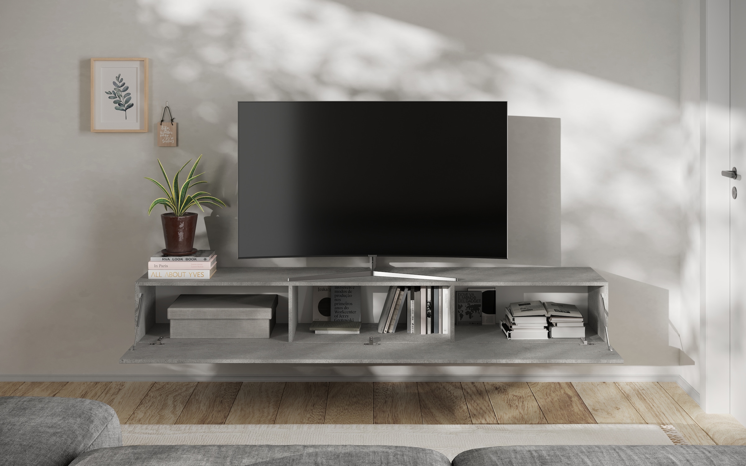 INOSIGN Lowboard »Snake Breite 210 cm, modernes TV-Board hängend mit 1 Klappe,«, TV-Möbel, TV-Schrank, Front mit Siebdruck