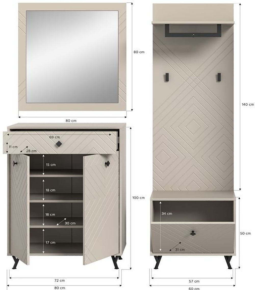 INOSIGN Garderoben-Set »Mento, 4-teilig, Ornamentfräsung in der Front, bestehend aus:«, (Set, 4 St.), Spiegel, Sitzbank, Garderobenpaneel & Garderobenschrank