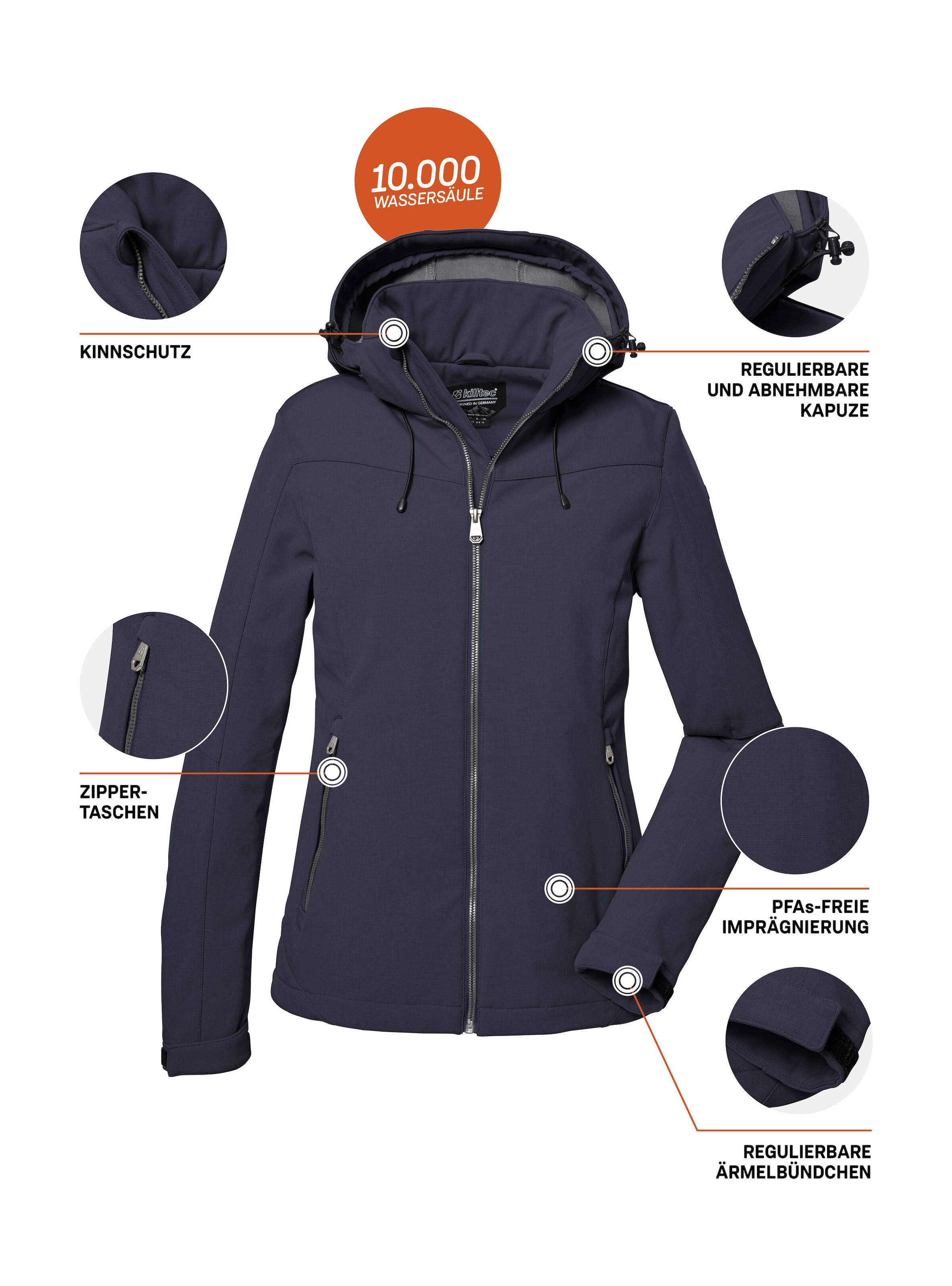 Killtec Softshelljacke »Damen Softshelljacke«, Wasserabweisende, winddichte Softshelljacke mit abnehmbarer Kapuze