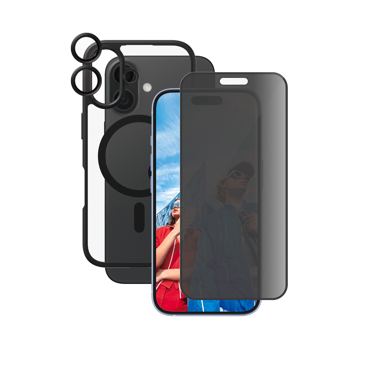 CARE by PanzerGlass Displayschutzglas »3-in-1 Protection, Privacy Glass, Case, Lens Cover«, für Apple iPhone 16, Displayschutzfolie, Schutzfolie, Bildschirmschutz, kratz- & stoßfest