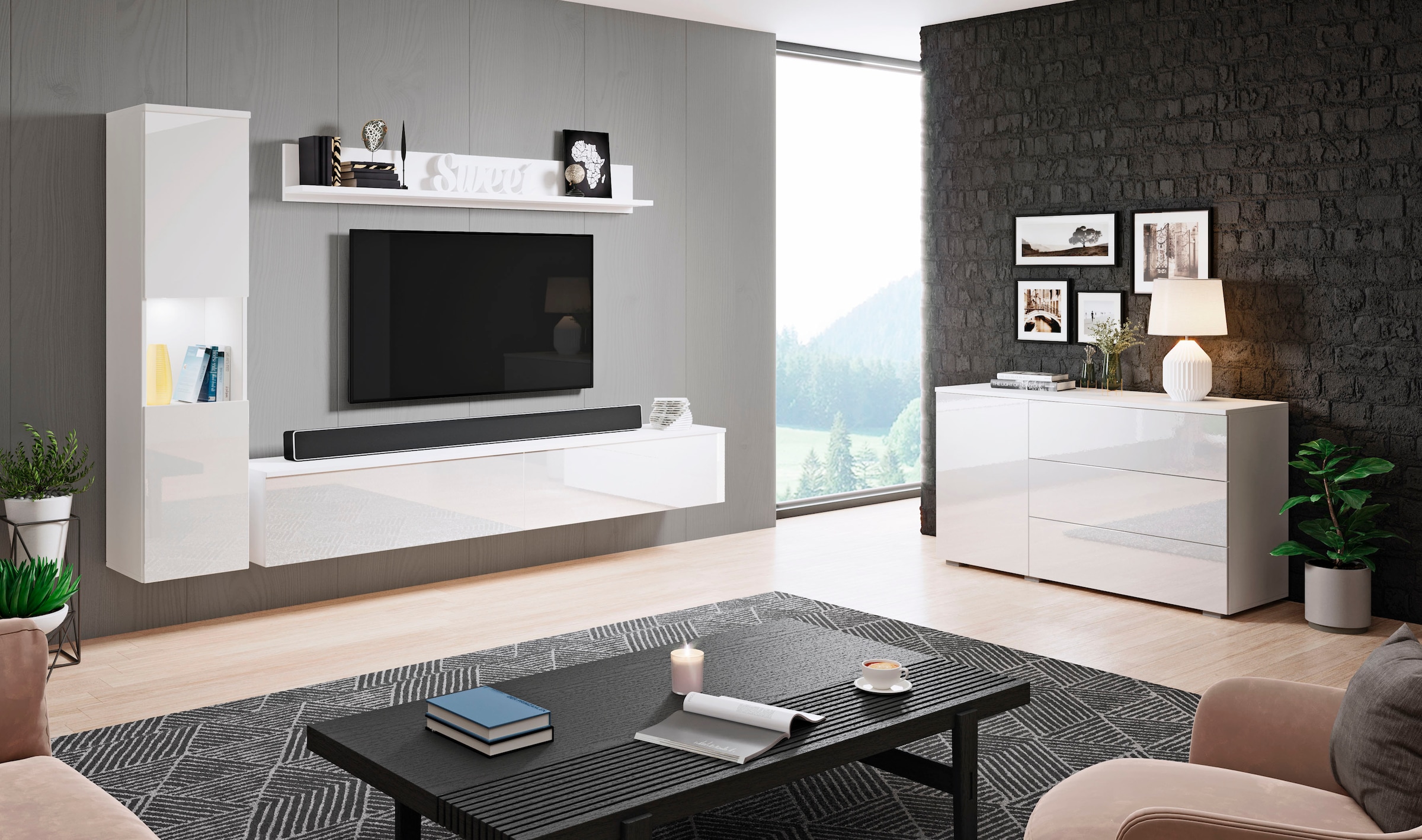 INOSIGN Wohnwand »PARIS«, (Komplett-Set, 3 St.), TV-Wand 220cm breite, grifflose Design, stehend und hängend montierbar