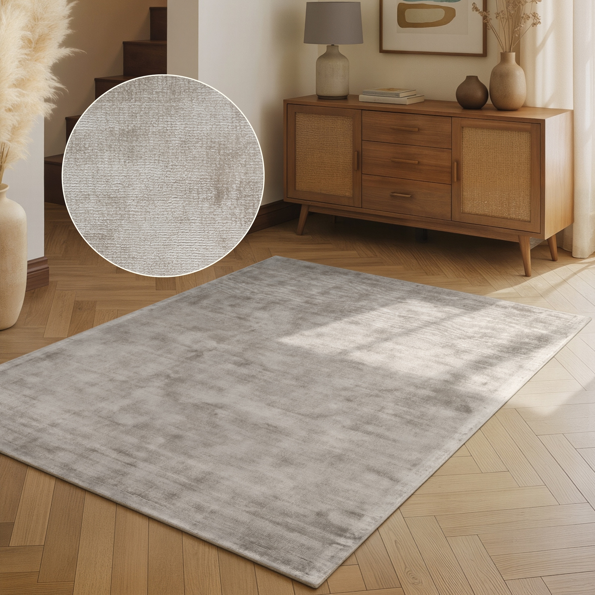THE RUGS Vikosa Jane Viscose Soft Plain Rug Living Room in Grey | Size: 200cm x 300cm