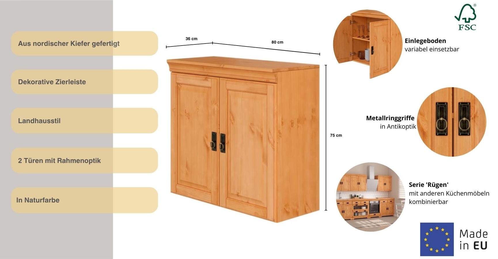 Home affaire Hängeschrank »Rügen«, Breite 80 cm, Kiefer massiv, 2 Türen, 1 Einlegeboden
