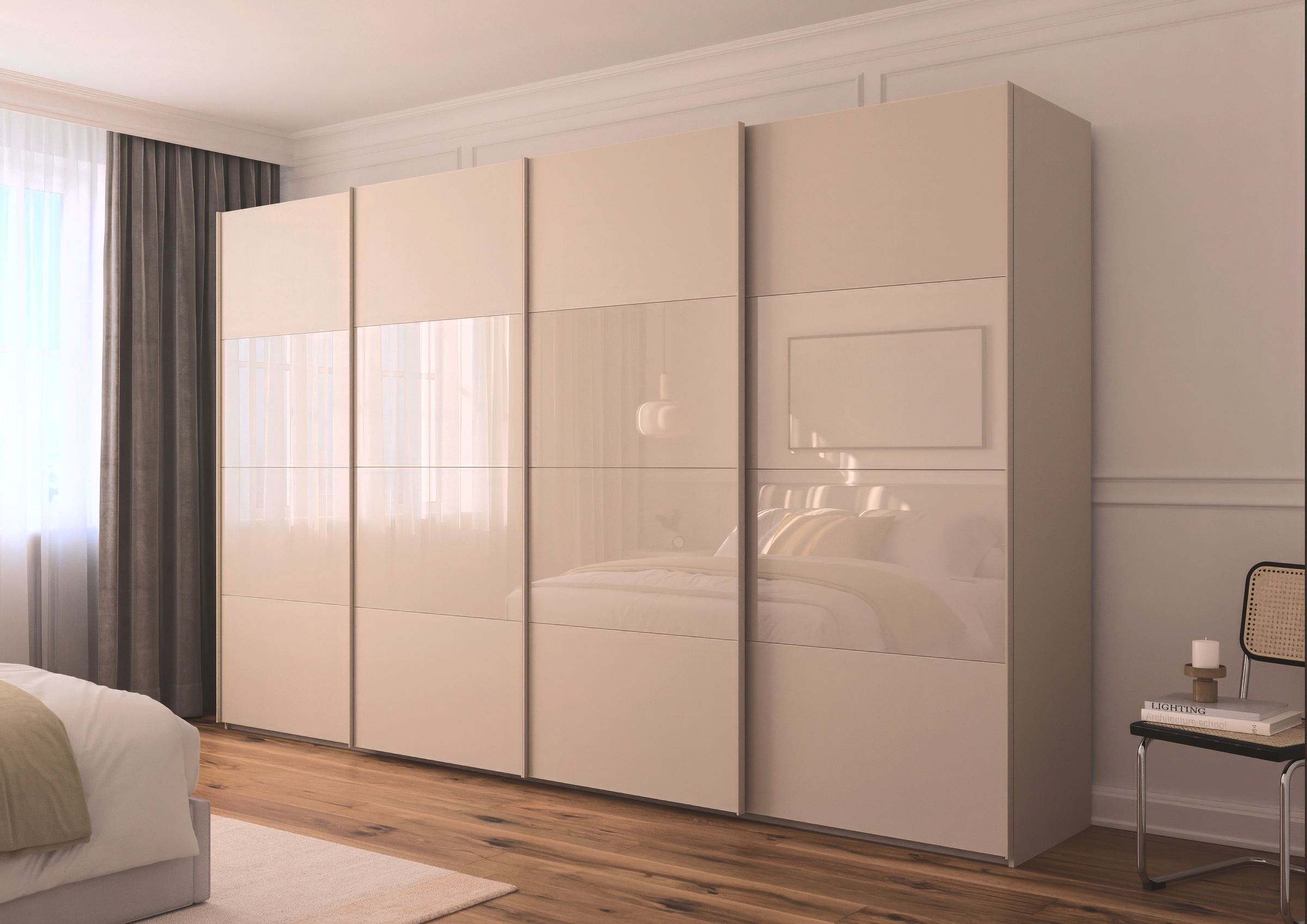 rauch Schwebetürenschrank »Kleiderschrank Schrank Garderobe Schlafzimmerschrank SCALE-FYRA«, edle Türen viergeteilt Glas matt/glänzend viele Farben MADE IN GERMANY