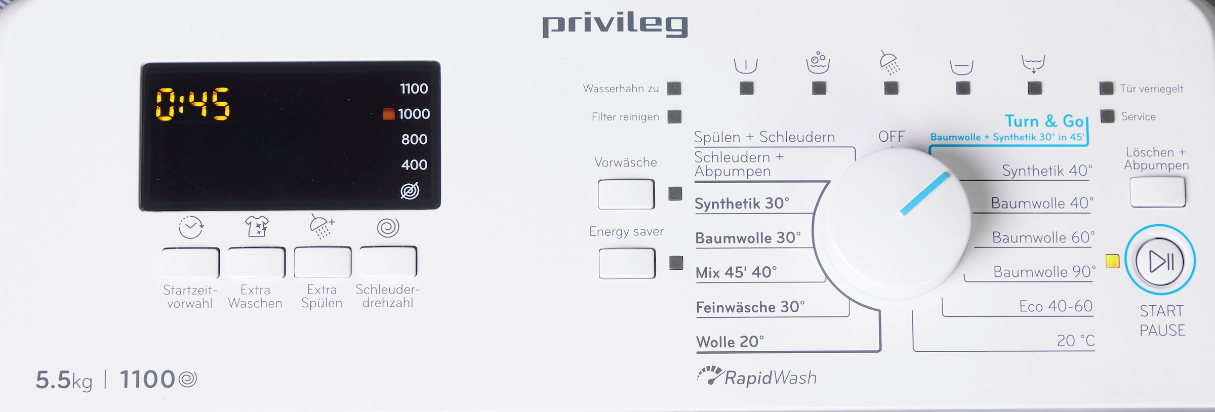 Privileg Waschmaschine Toplader »PWT LC55 DE«, 5,5 kg, 1100 U/min, Turn&Go, Rapid Wash, Mix 45 min. bei voller Beladung, extra Spülen