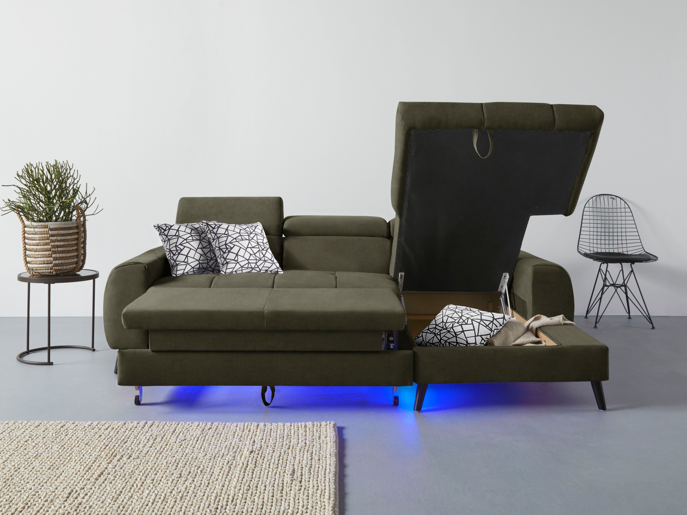 COTTA Ecksofa »Mia L-Form mit 3 Zierkissen«, wahlweise mit Bettfunktion, Bettkasten, Beleuchtung & Wireless-Charger