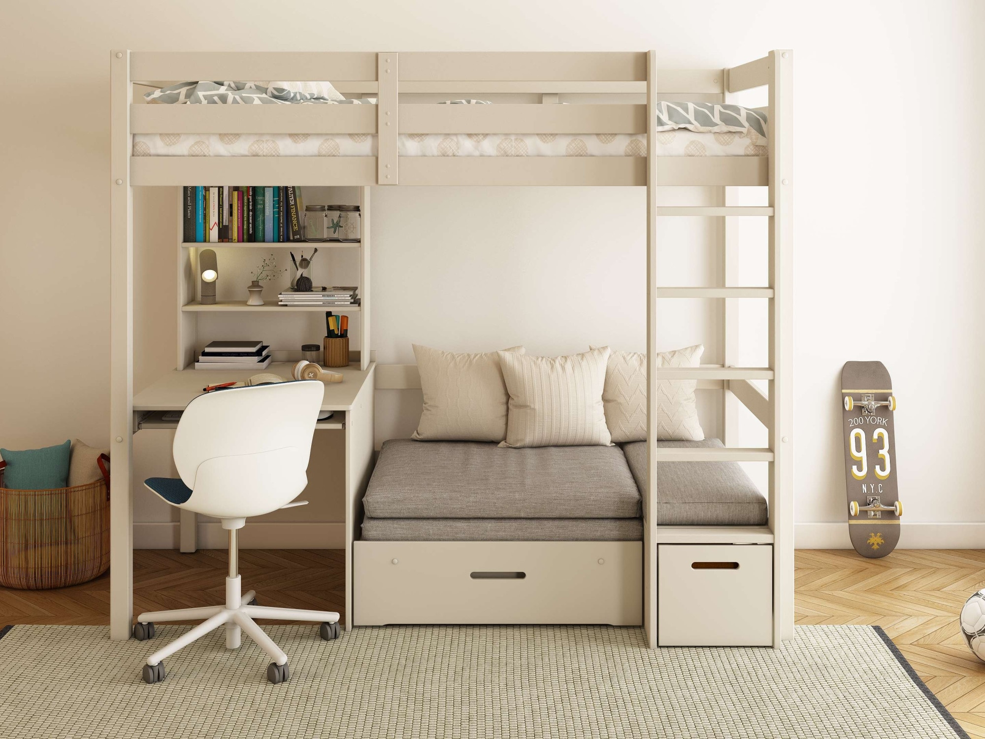 OTTO home Etagenbett »HENNE' TOPSELLER! Hochbett, Ideal für kleine Räume, 2 Schlafplätze« zweiter Schlafplatz ausziehbar, B/H/T ca. 208/180/105cm,  mit Polsterauflagen, Schreibtisch, Stauraum, seitenverkehrt montierbar