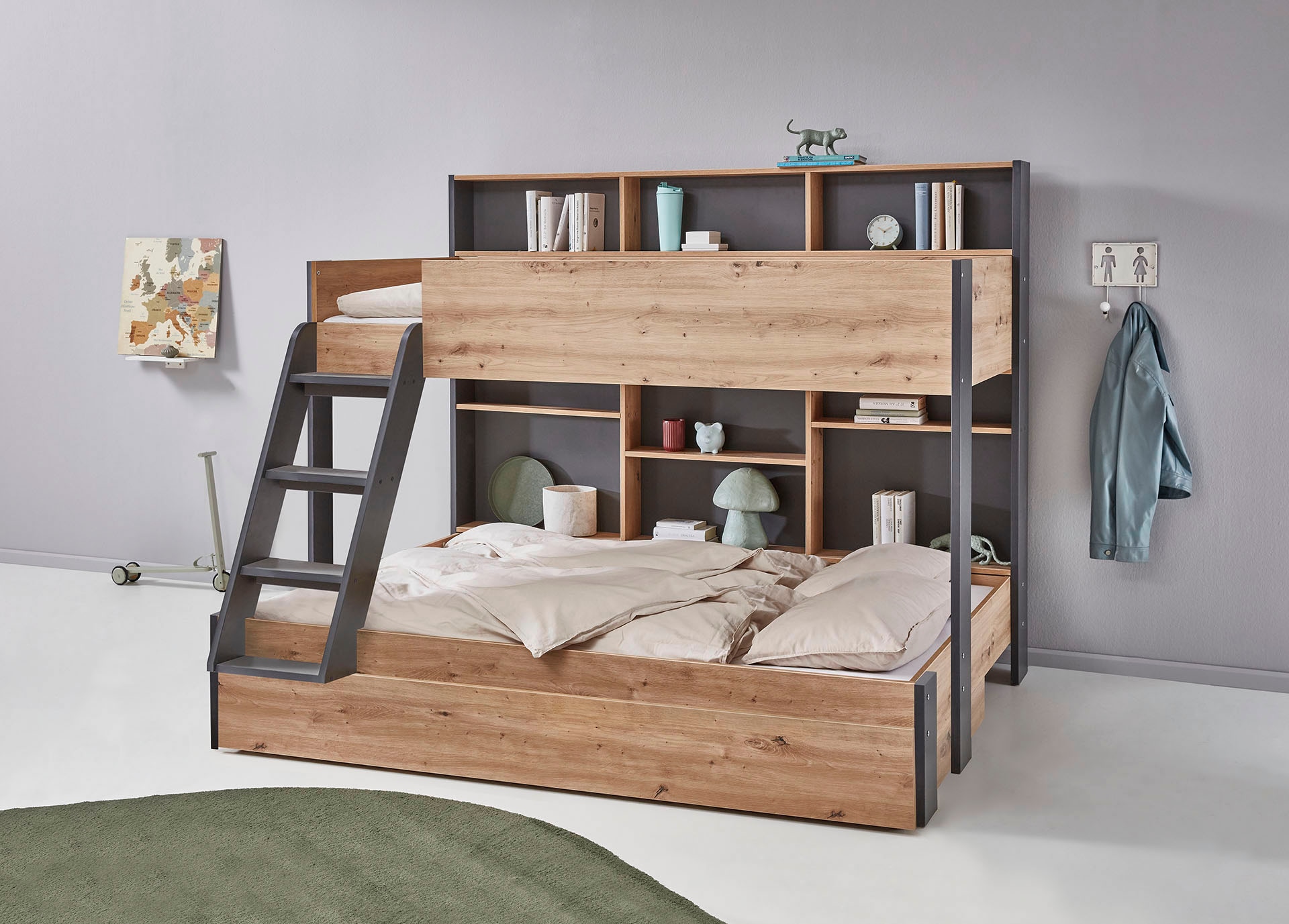 Relita Etagenbett »viel Stauraum, pflegeleichte Melamin Oberfläche, 3 Farben zur Wahl« viele Regalfächer an der Bettrückseite, inkl. Schublade auf Rollen,  viel Stauraum, pflegeleichte Melamin Oberfläche, 3 Farben zur Wahl