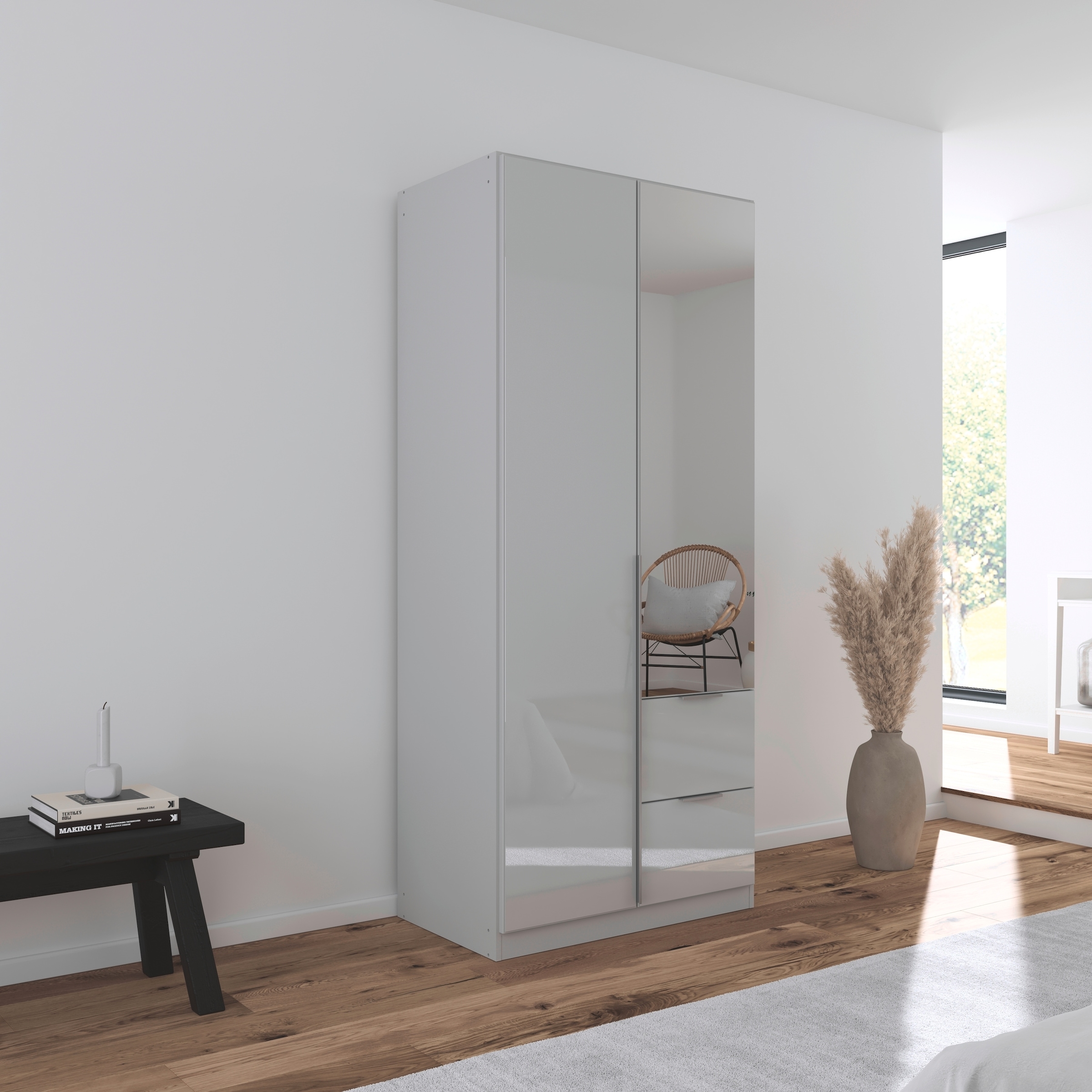 rauch Drehtürenschrank »Kleiderschrank Kleiderschränke Schrank Garderobe AGORDO mit Glasfront« in zwei Griff-Farben, Breiten 91-360 cm,  mit Außenschubkästen, in 7 Breiten und 2 Höhen MADE IN GERMANY