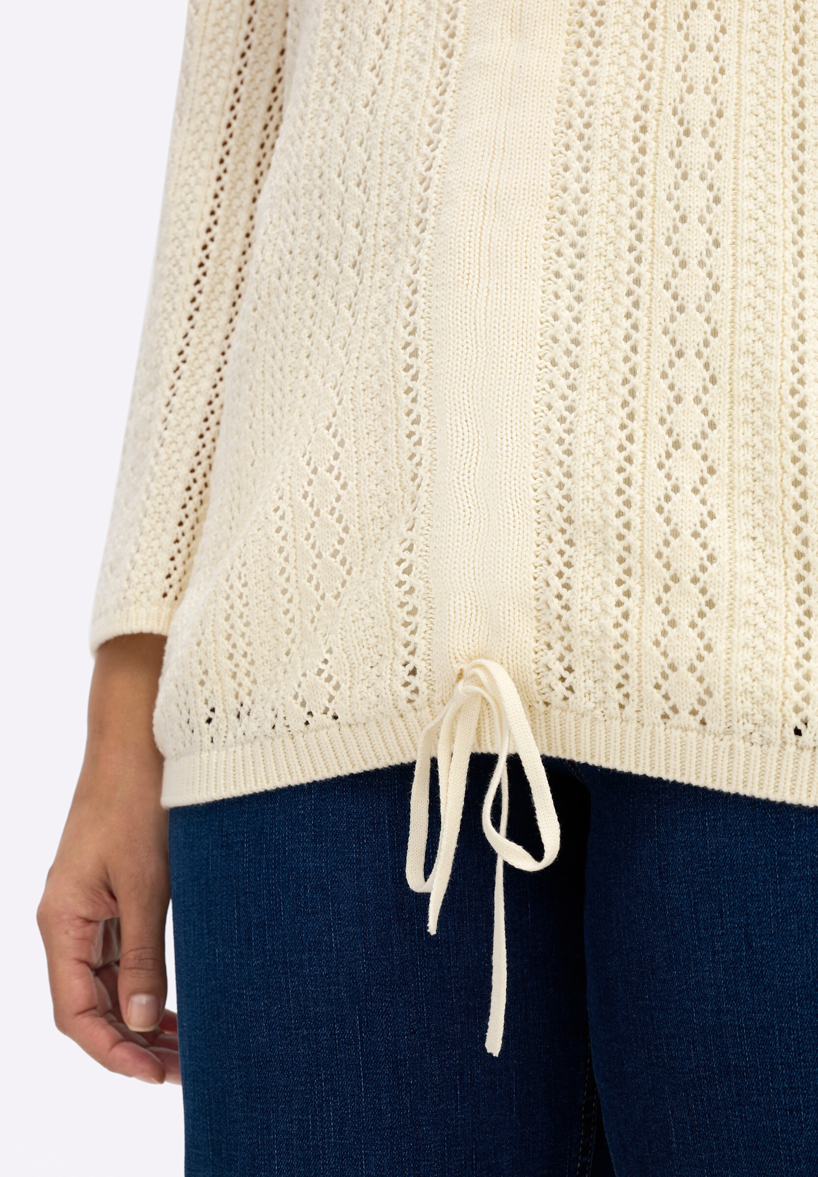 Sheego Strickpullover »3/4-Arm-Pullover Ajourpullover mit Bindeband am Saum«