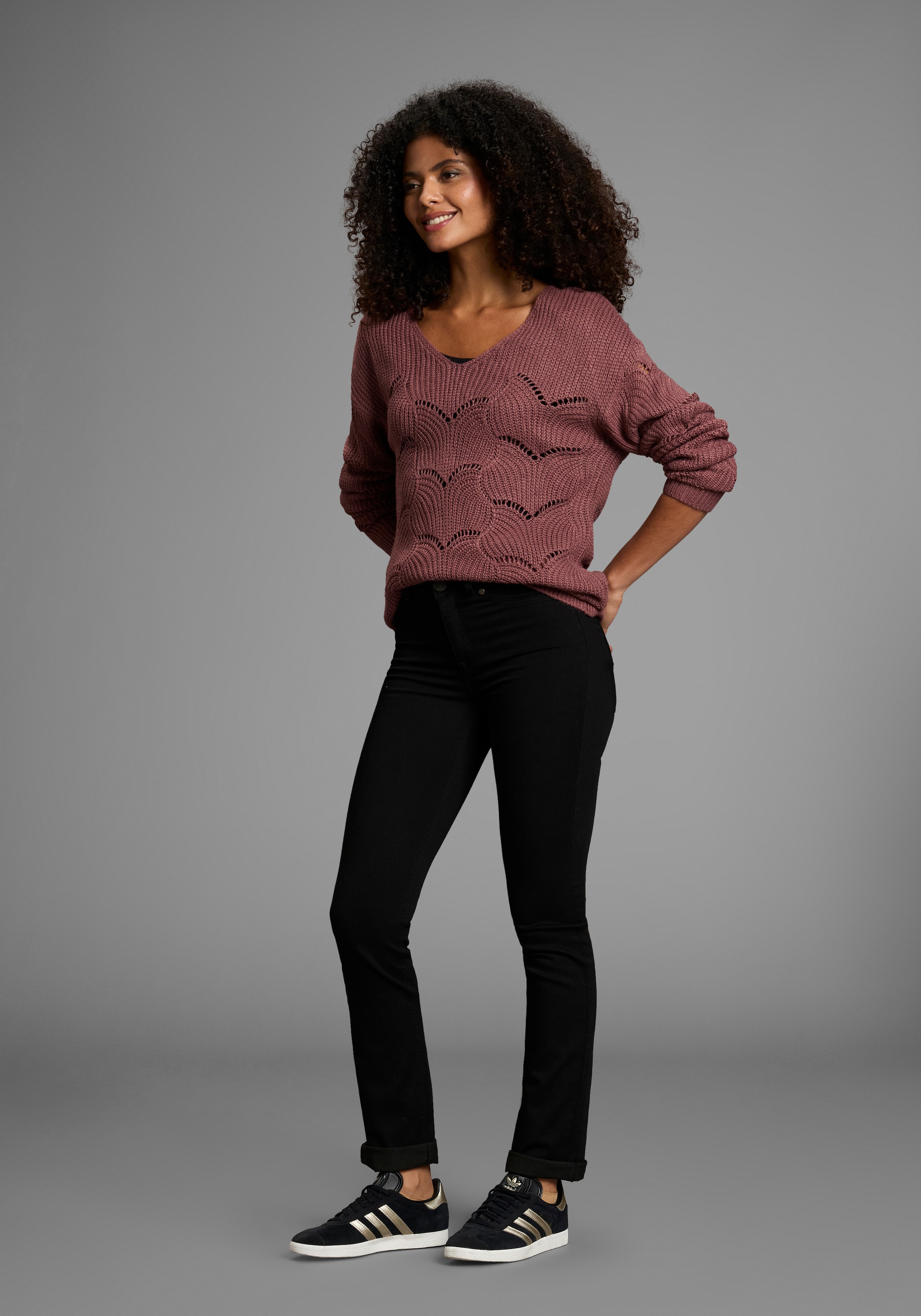 Laura Scott Strickpullover softer Übergangsstrick mit V-neck und trendy Ajourmuster