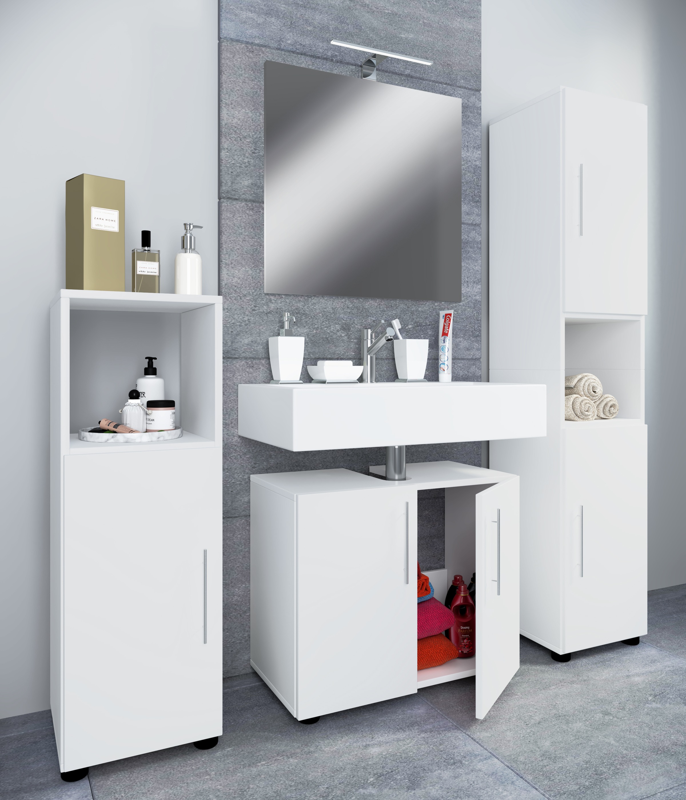 VCM Waschbeckenunterschrank »VCM 4-tlg. Badmöbelset | Badmöbel | Set aus Unterschrank, Midischrank, Hochschrank und Spiegel | Badezimmermöbel ¿ Flandu II«, (4 St.)
