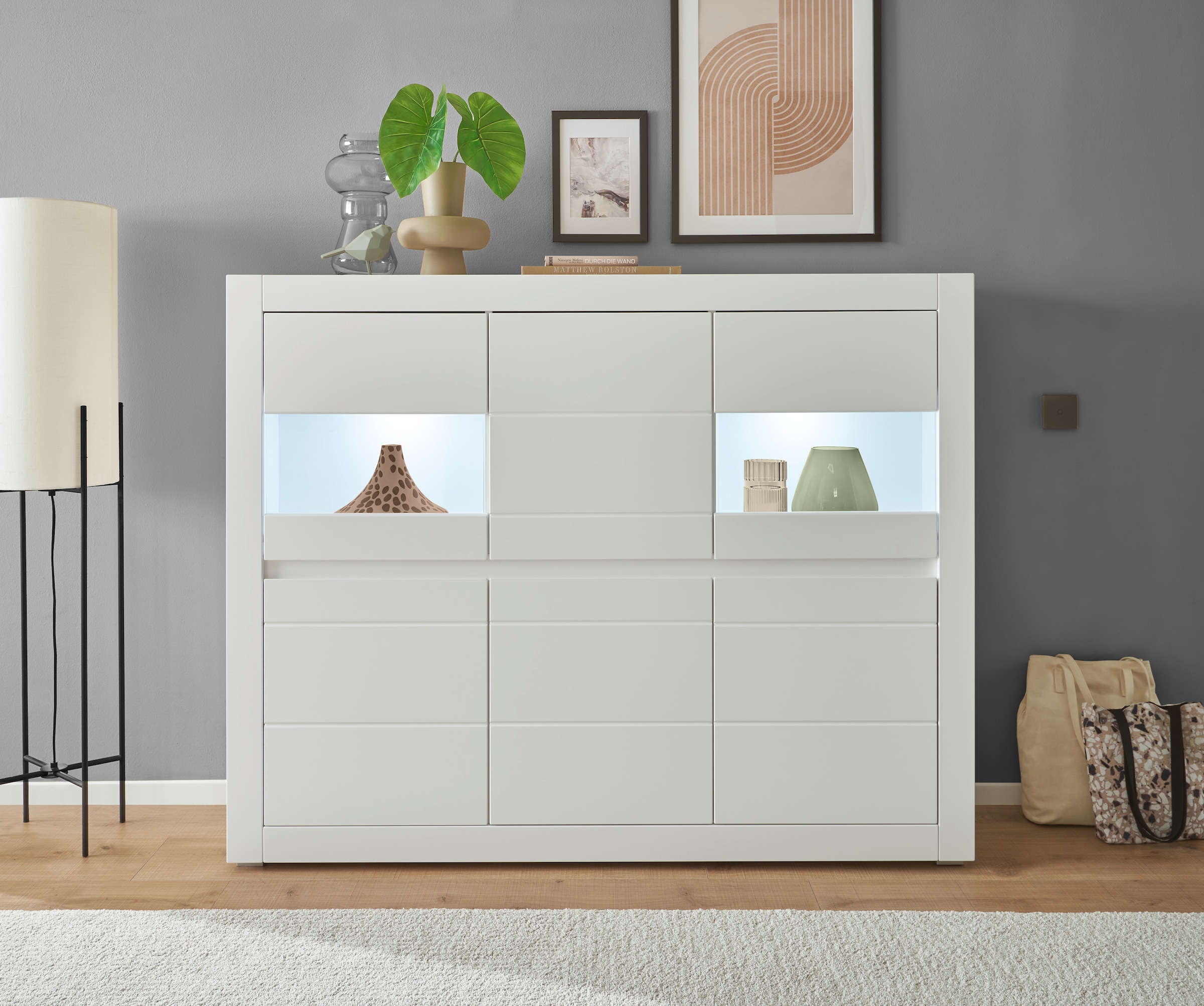 INOSIGN Highboard »Chester, moderne Kommode, Schrank mit Stauraum, Sideboard in Weiß Matt«, (1 St.), austauschbare Blende in Griffleiste, zeitloses Design, 165 cm breit