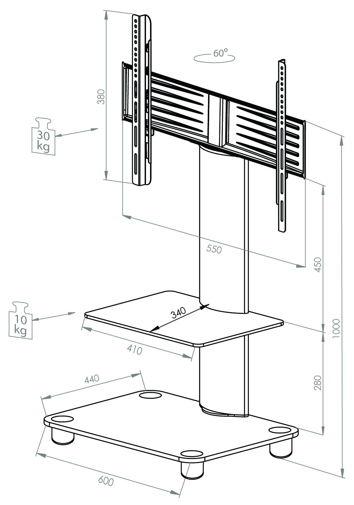 VCM Wohnzimmertisch »TV Standfuß Ständer Rack Alu Glas Rollen Blino ZW« 1 Stk. tlg.