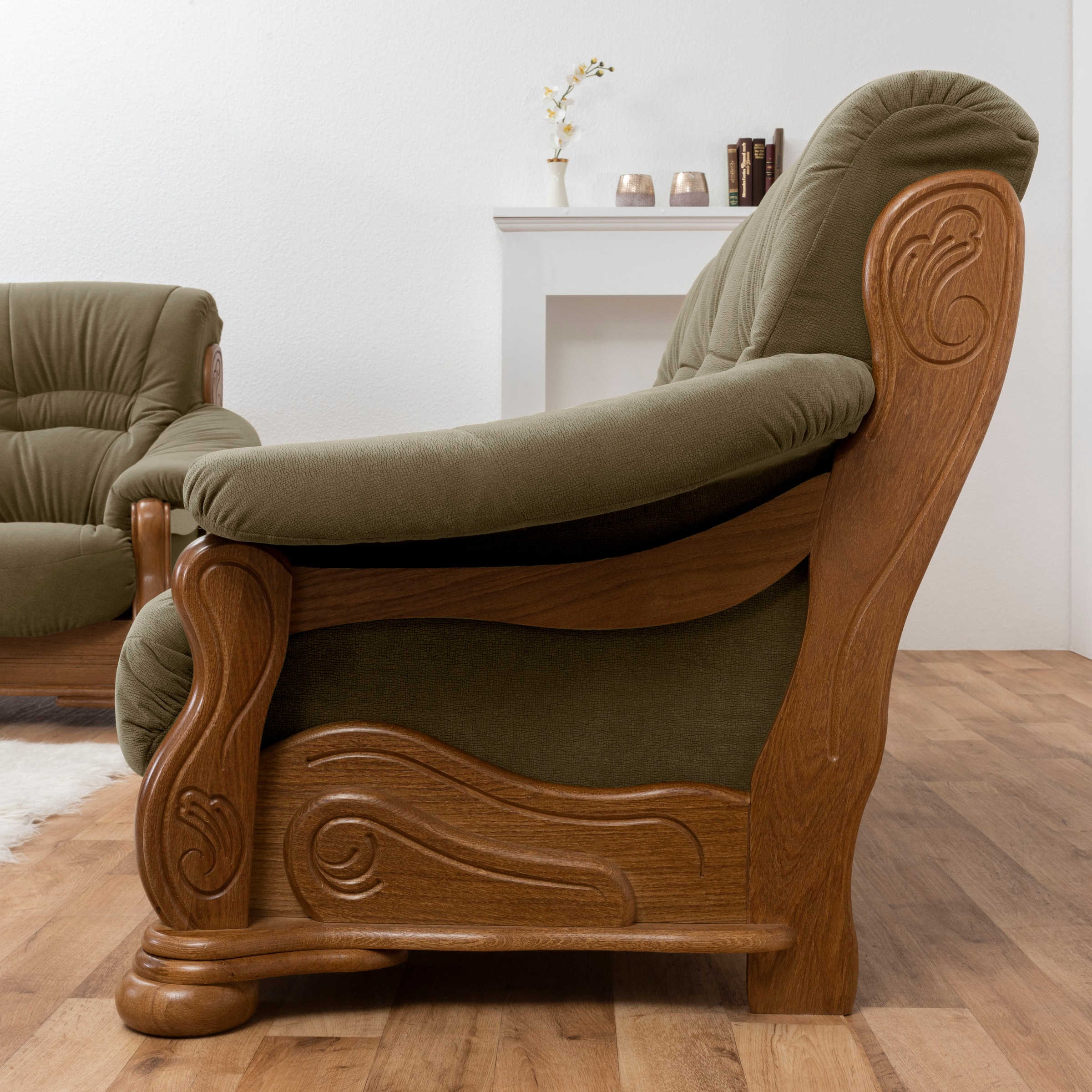 Max Winzer® Sessel »Texas, Loungesessel, Retro Klassiker, bequem, aufwendige Verarbeitung«, mit dekorativem Holzgestell aus Eiche, gefrästen Ornamente im Gestell