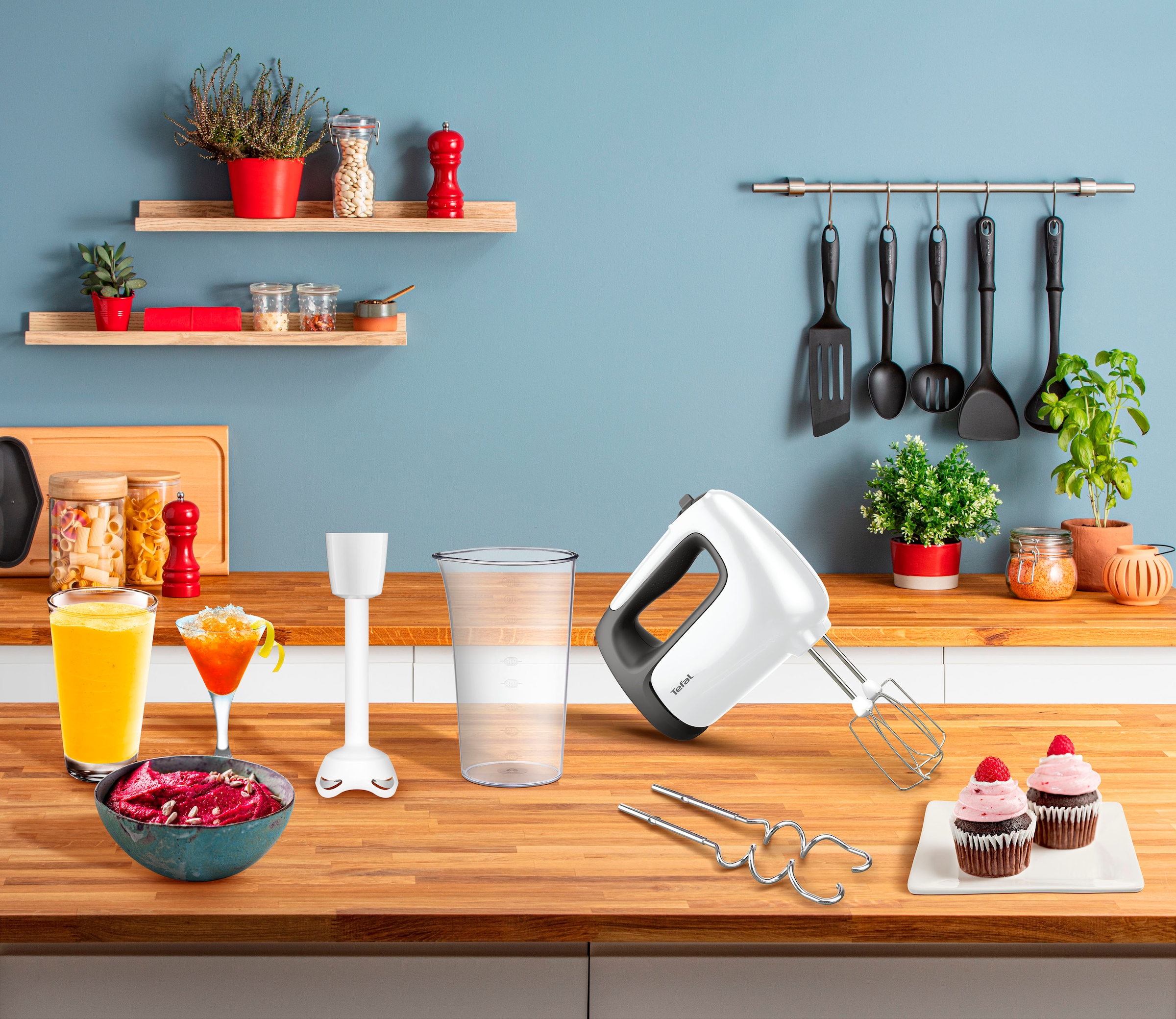Tefal Handmixer »Prep'Mix+«, 500 W, Turbo-Funktion, 2 Rührbesen, 2 Knethaken, Pürierstab-Aufsatz, HT4611
