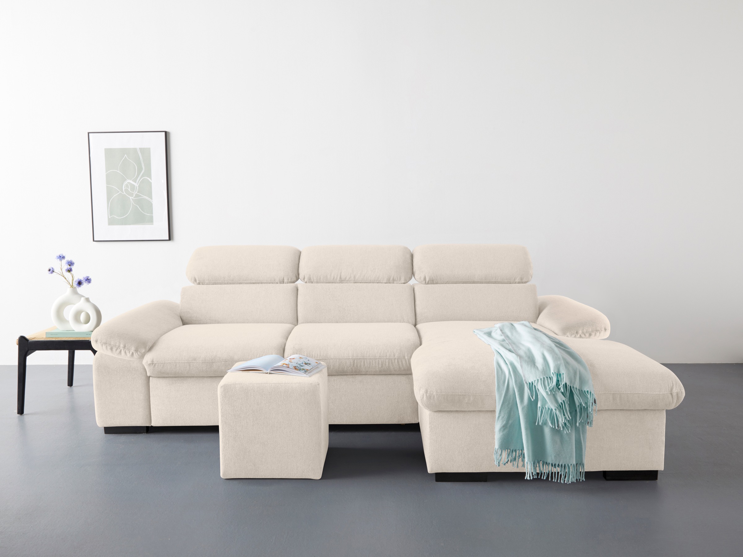 COTTA Ecksofa »Lola L-Form mit Kopfteilfunktion & Hocker«, (Set, mit Hocker), wahlweise mit Bettfunktion, Bettkasten & Armteilverstellung