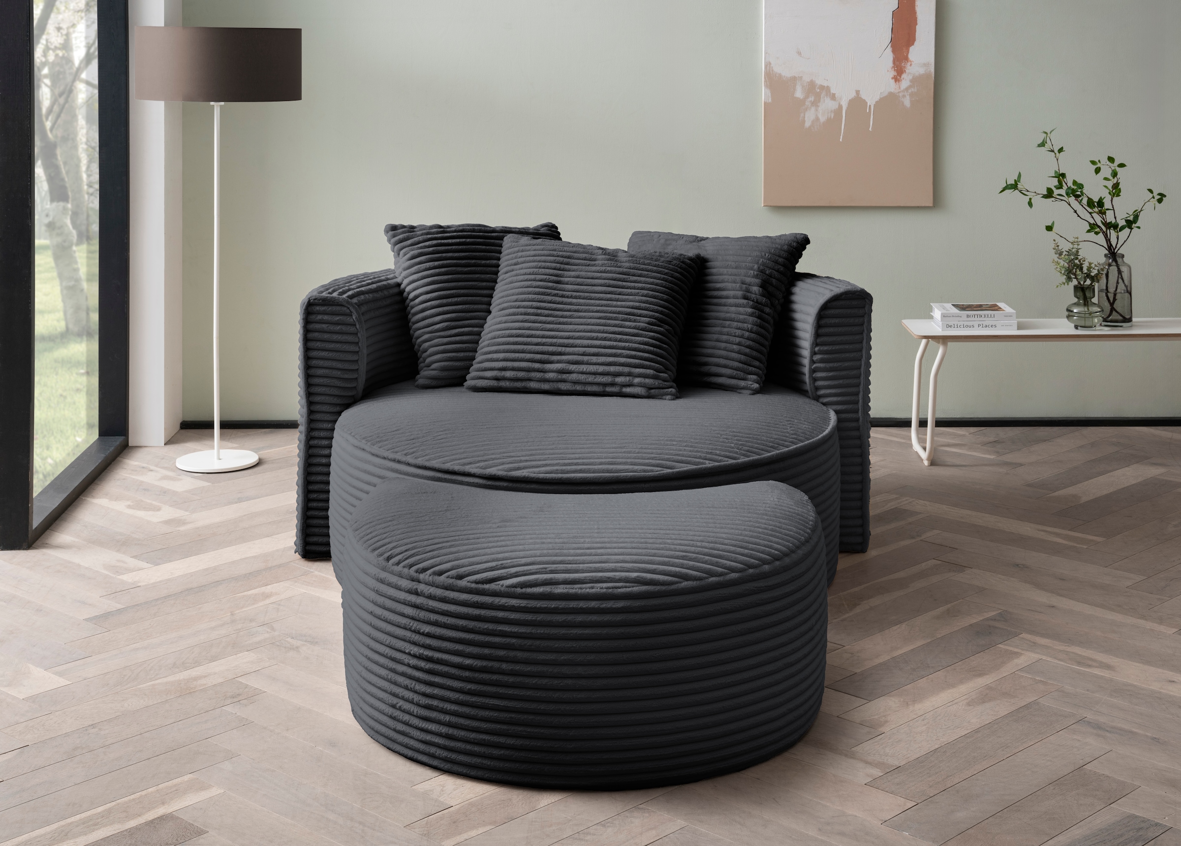 LeGer Home by Lena Gercke XXL-Sessel »ISALIE, Rundsessel mit Hocker, Lesesessel, Loveseat, Big-Sessel«, (Set), trendige Stoffe, 3 Zierkissen, große Sitzfläche, Cord, Samt, Bouclé