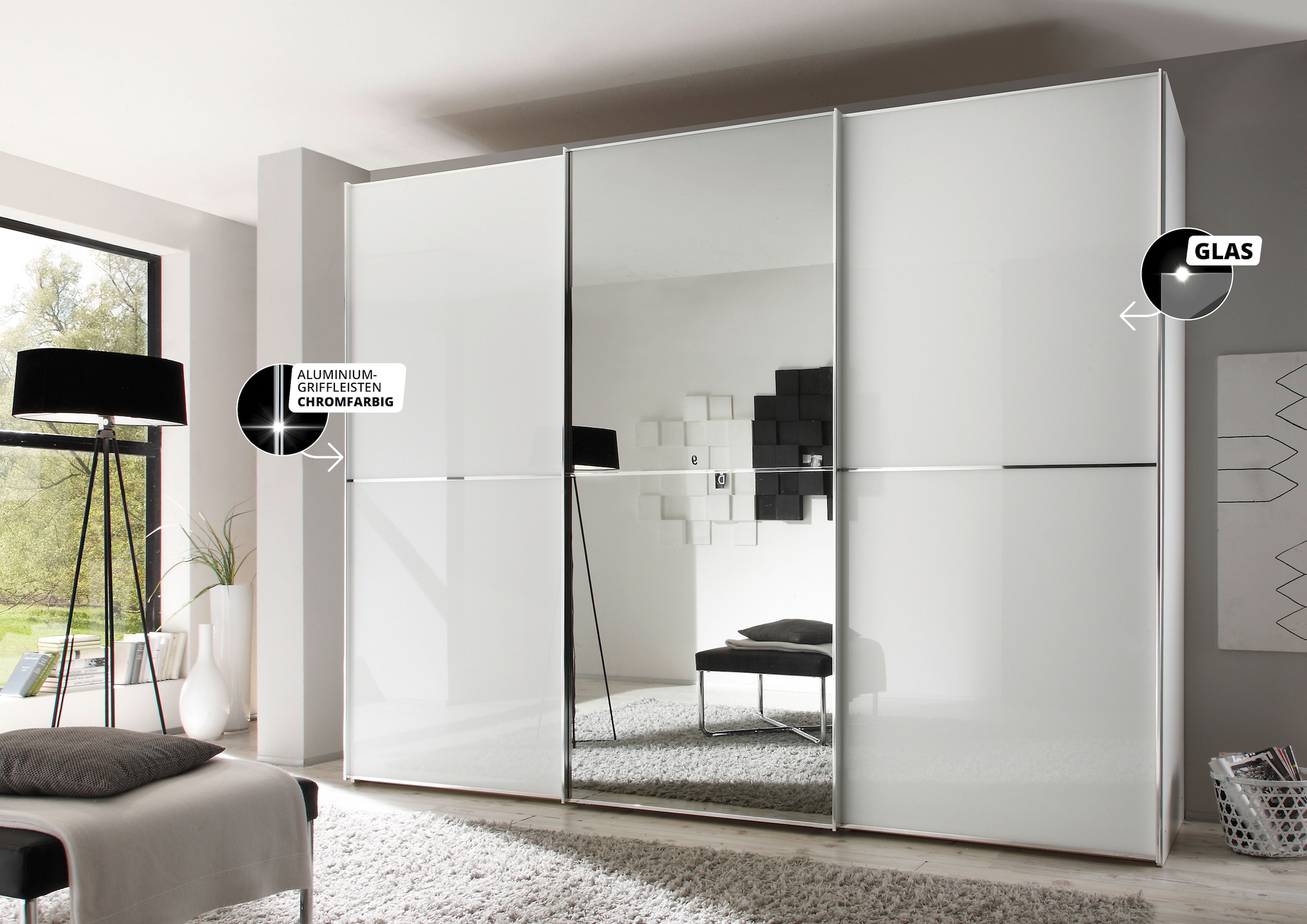 STAUD Schwebetürenschrank »Sinfonie Plus, edles Design in hochwertiger Qualität, Made in Germany« in 4 verschiedenen Ausstattungen erhältlich,  Mit kombinierter Glas-Spiegel-Front, viele Varianten
