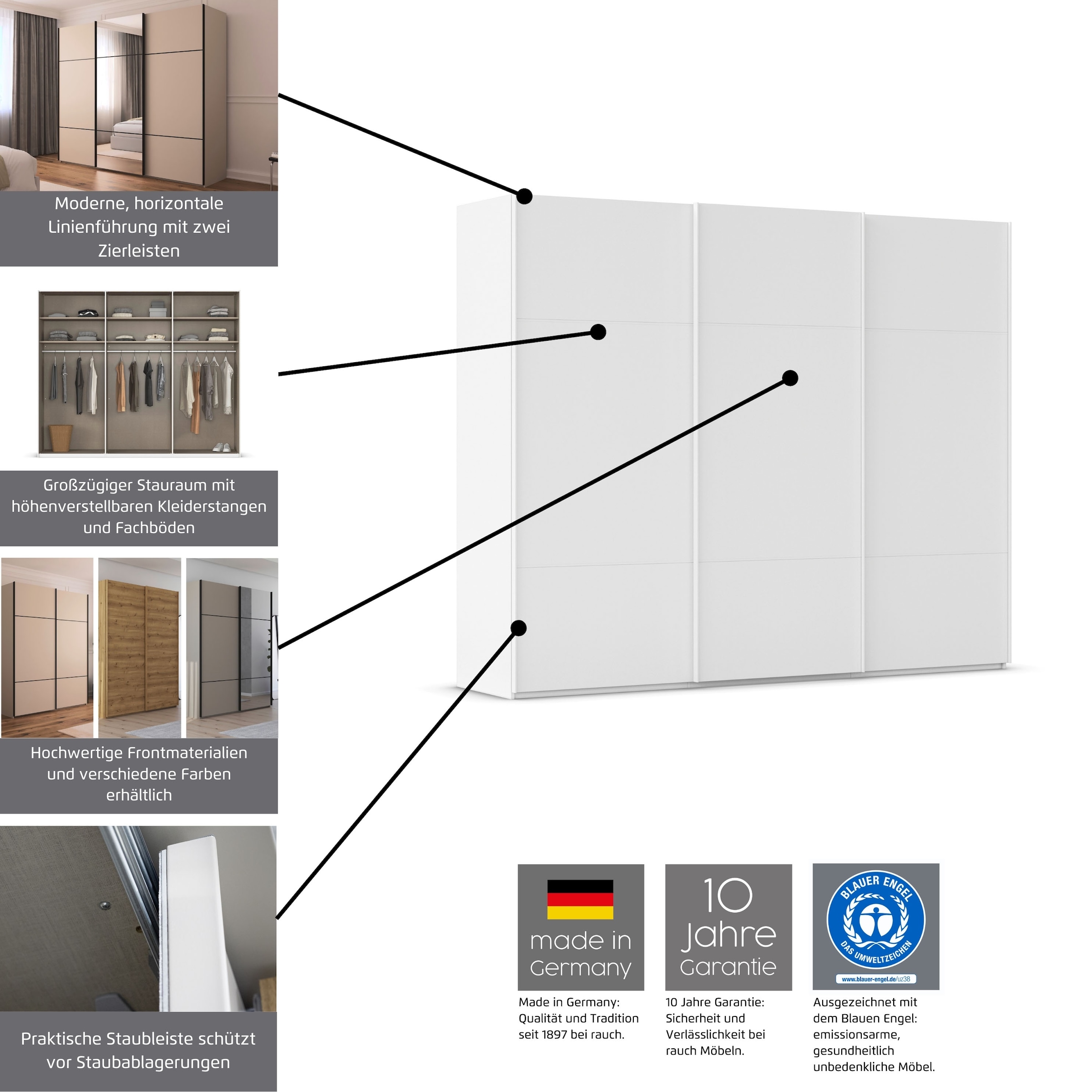 rauch Schwebetürenschrank »Kleiderschrank Schrank Garderobe Schlafzimmerschrank SCALE-TRIO«, edle dreigeteilte Front, 2 Zierleisten in Griff-Farbe MADE IN GERMANY