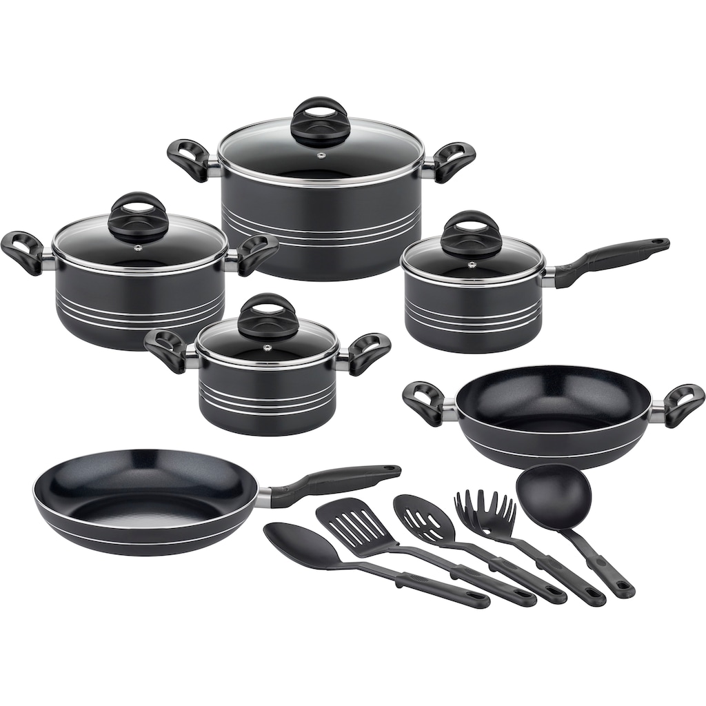 GSW Topf-Set »Milano Nero«, Aluminium, (Set, 15 tlg., je 1 Kochtopf 16/20/2 cm, 1 Stielkasserolle 16cm, je 1 Pfanne 24/28cm)