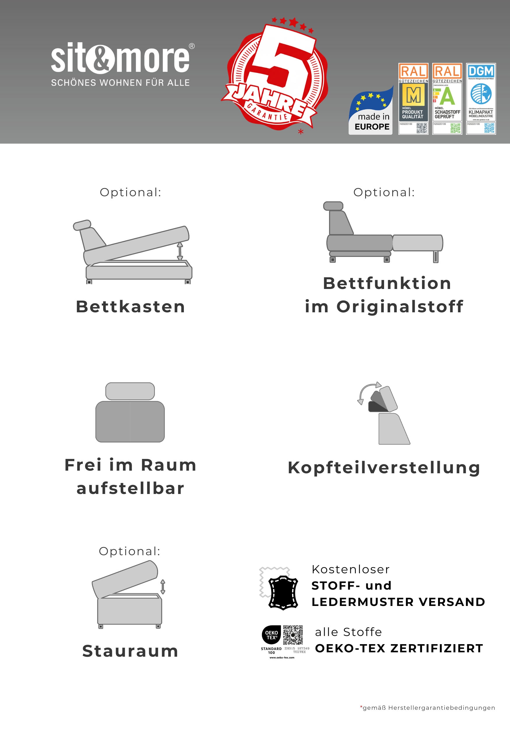sit&more Ecksofa »Cabrio L-Form, B: 295 cm, mit Sitztiefen-, Arm- & Kopfteilverstellung« 2 Nierenkissen, Federkern, optional Bettfunktion und Stauraum