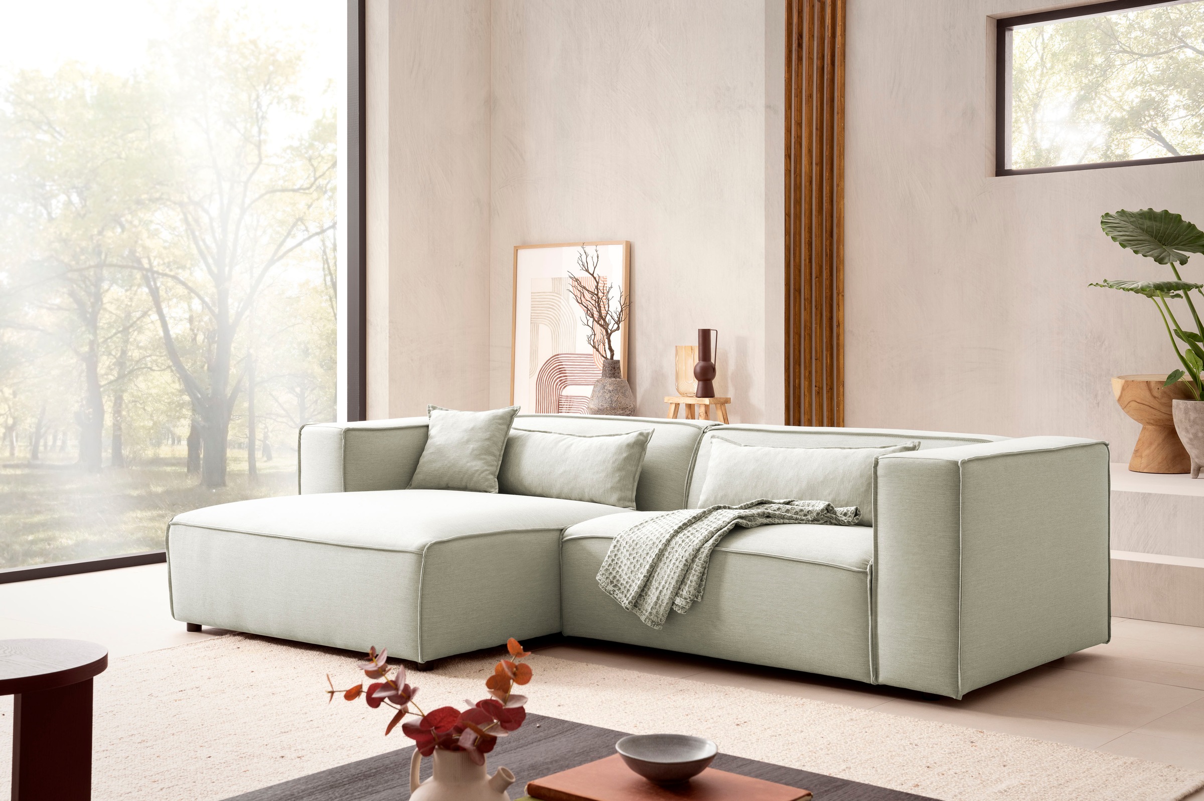 LeGer Home by Lena Gercke Ecksofa »PIARA mit Kedernaht in Cord oder Leinenoptik, moderne Couch in L-Form«, wahlweise Ottomane rechts/links, schwarze Füße, bequemer Sitzkomfort