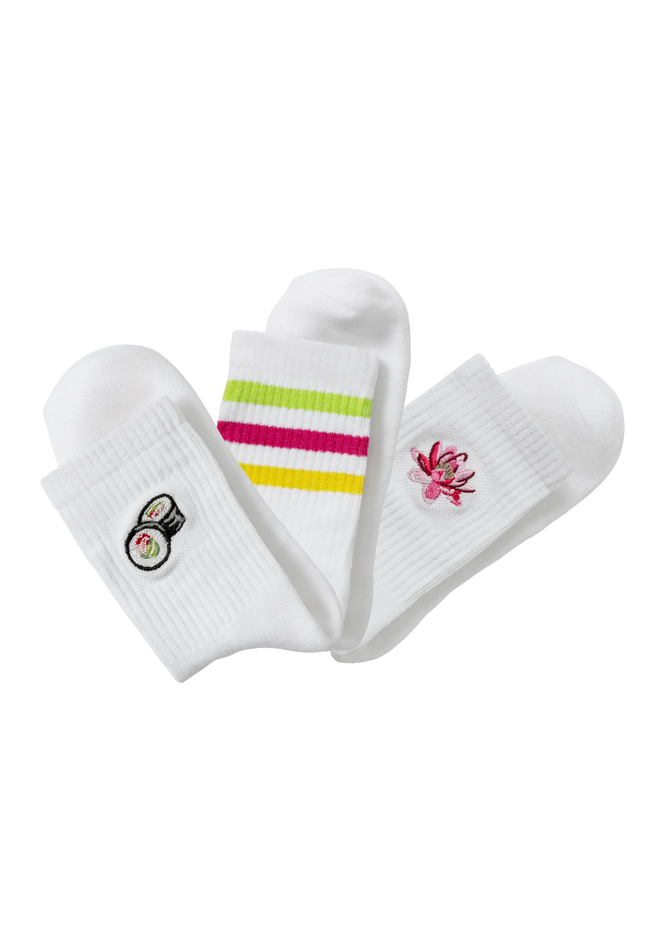 LASCANA Tennissocken, (Packung, 3 Paar), mit Frotteesohle und Stickerei