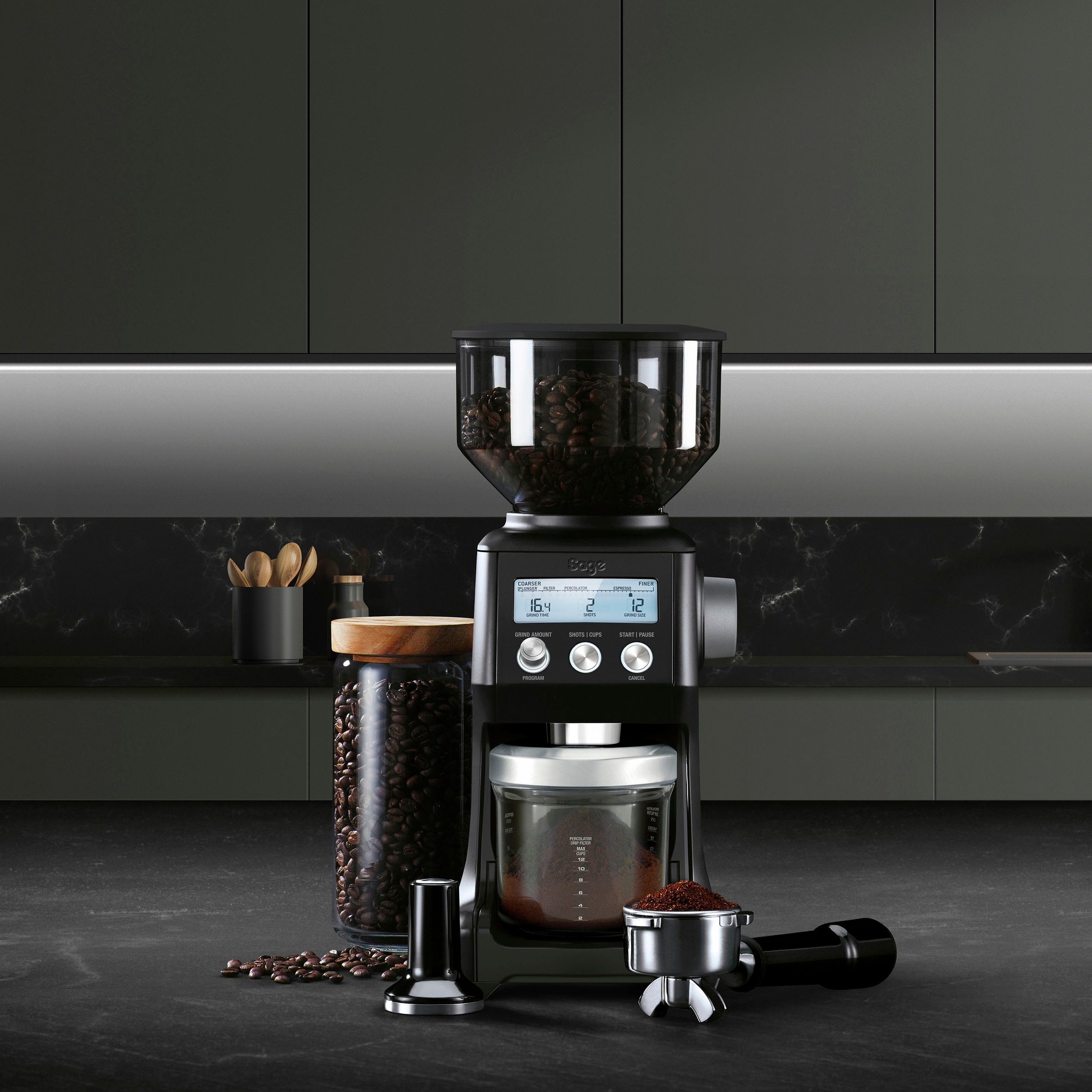 Sage Kaffeemühle »the Smart Grinder Pro SCG820BTR Black Truffle«, 165 W, Kegelmahlwerk, 450 g Bohnenbehälter