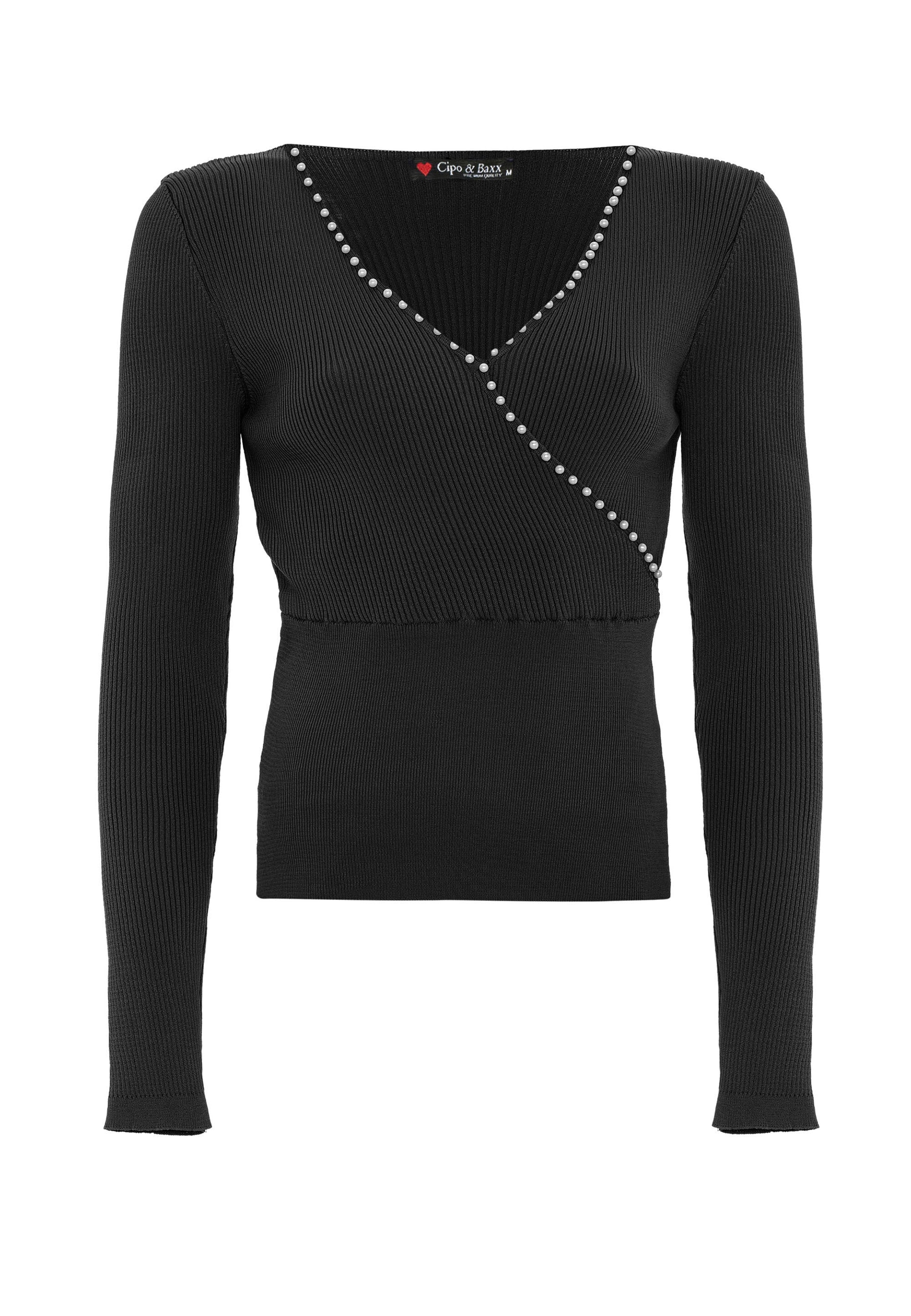 Cipo & Baxx V-Ausschnitt-Pullover »WP207« mit Perlen-Besatz