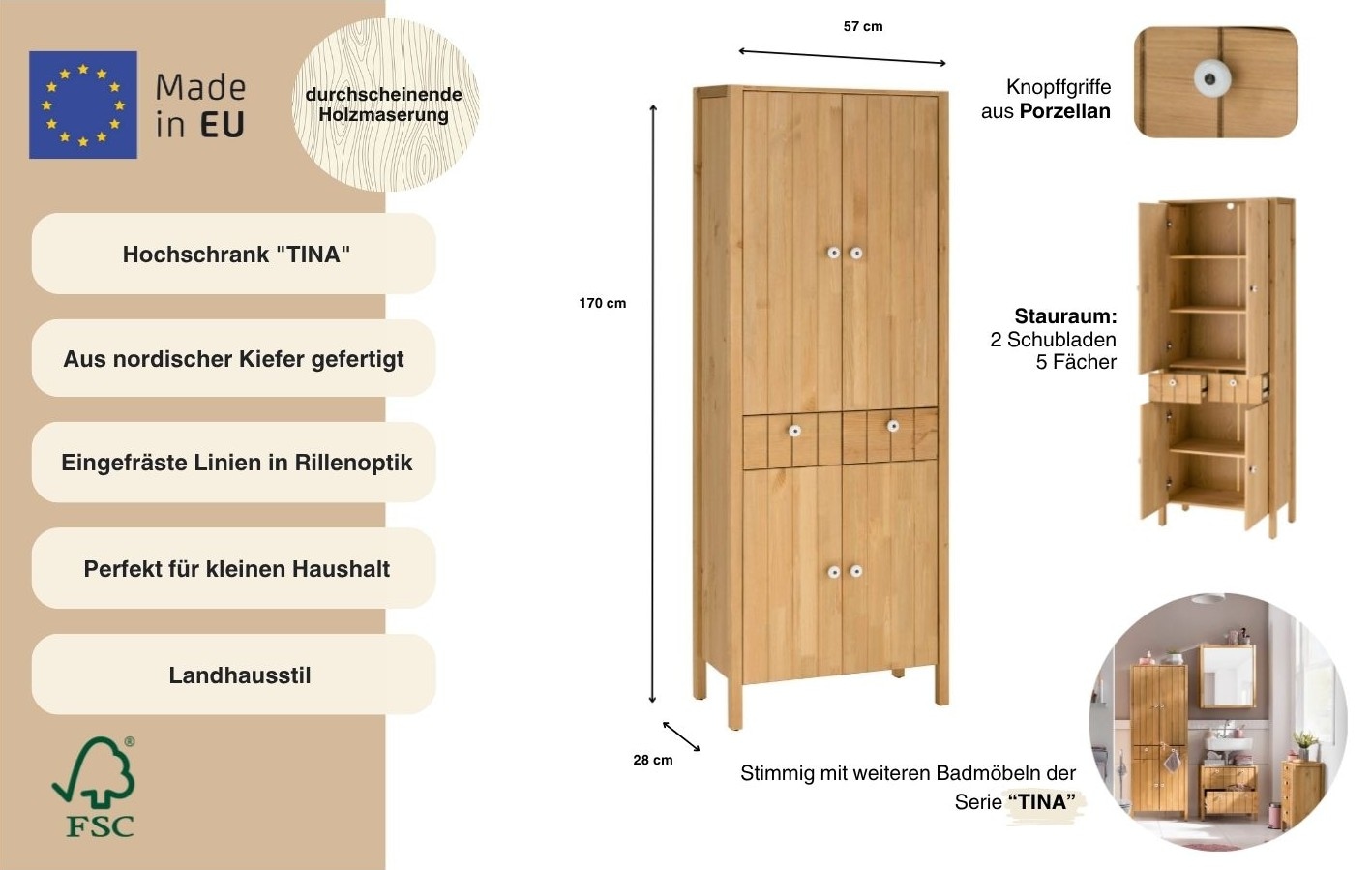 Home affaire Hochschrank »Tina« Badmöbel,  Schrank, Breite 57 cm, Massivholz, FSC®