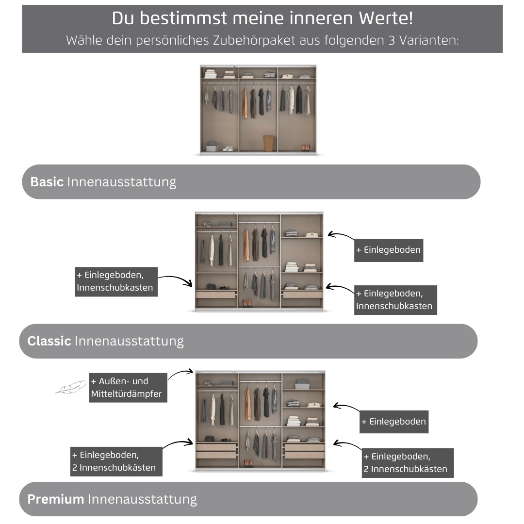 rauch Kleiderschrank »Schwebetürenschrank Garderobe Schrank TOP ANGEBOT Avola«, (in 3 verschiedenen Ausstattungen BASIC/CLASSIC/PREMIUM), mit eleganten Zierleisten in Chrom, Schwarz oder Weiß MADE IN GERMANY