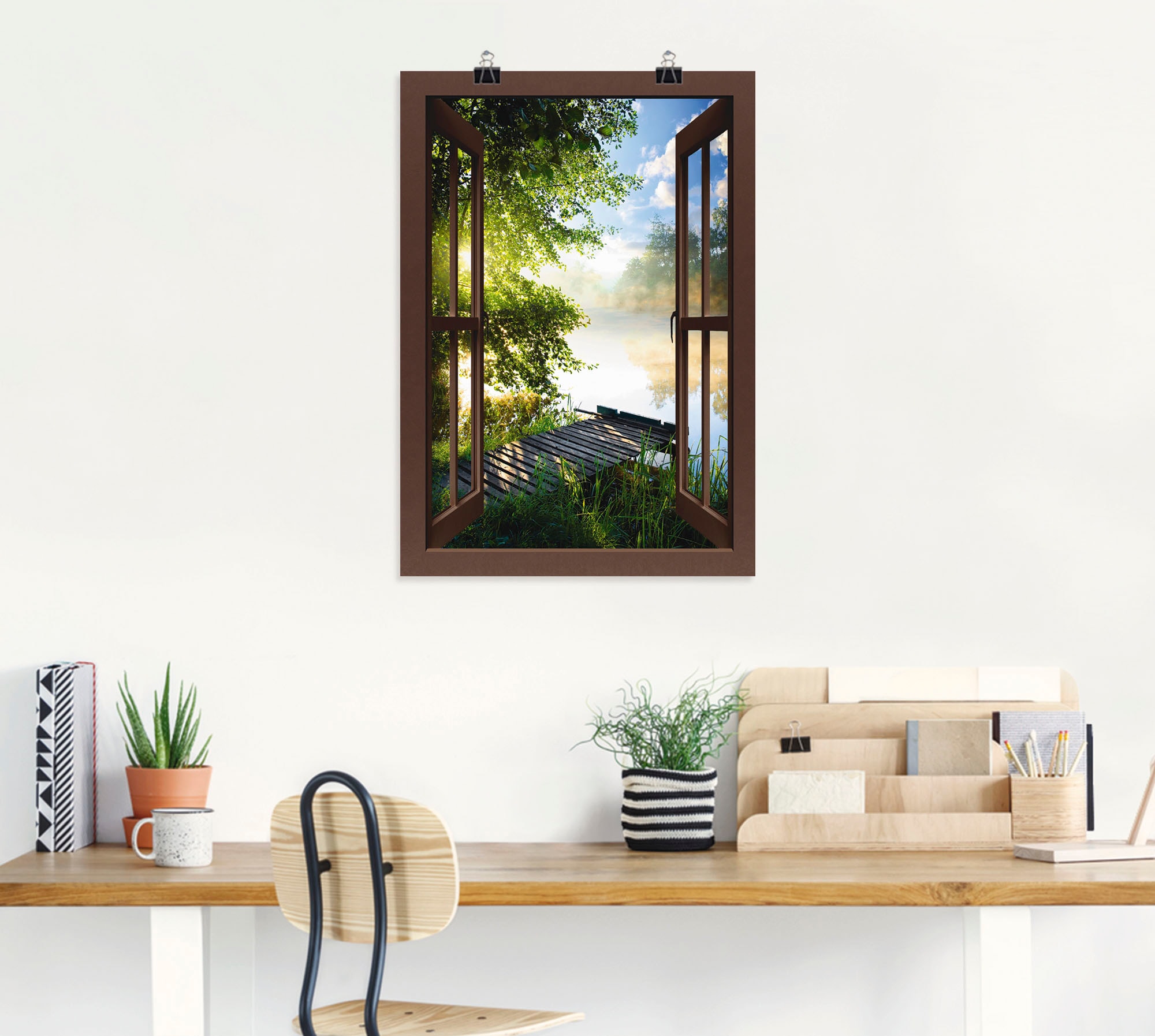Artland Wandbild »Fensterblick Angelsteg am Fluss«, Fensterblick, (1 St.), als Alubild, Outdoorbild, Leinwandbild, Poster, Wandaufkleber