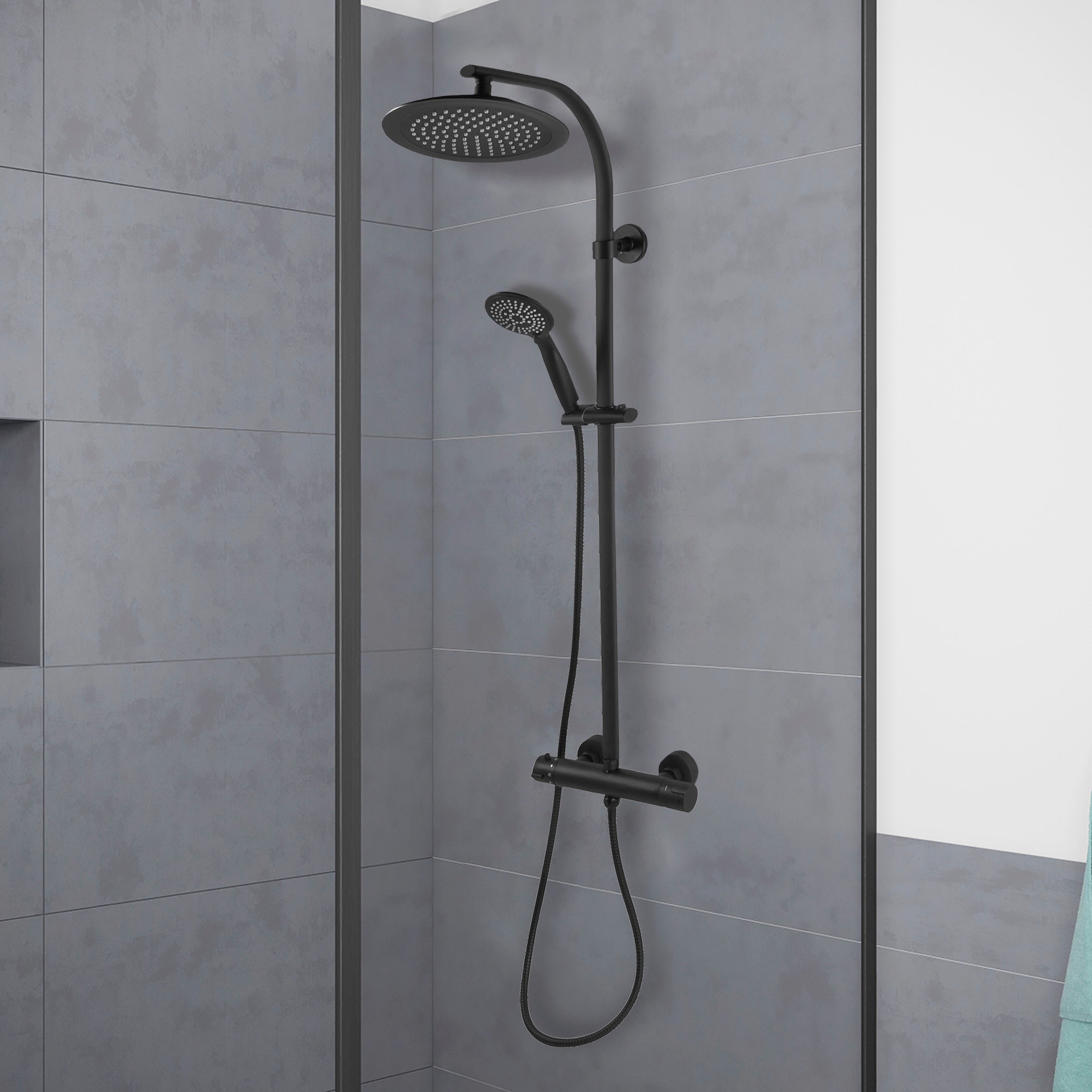 CORNAT Badarmatur »Dusch-Komplettsystem "Noir Style"« Black Edition, mit Thermostatarmatur, Handbrause mit 5 Strahlarten
