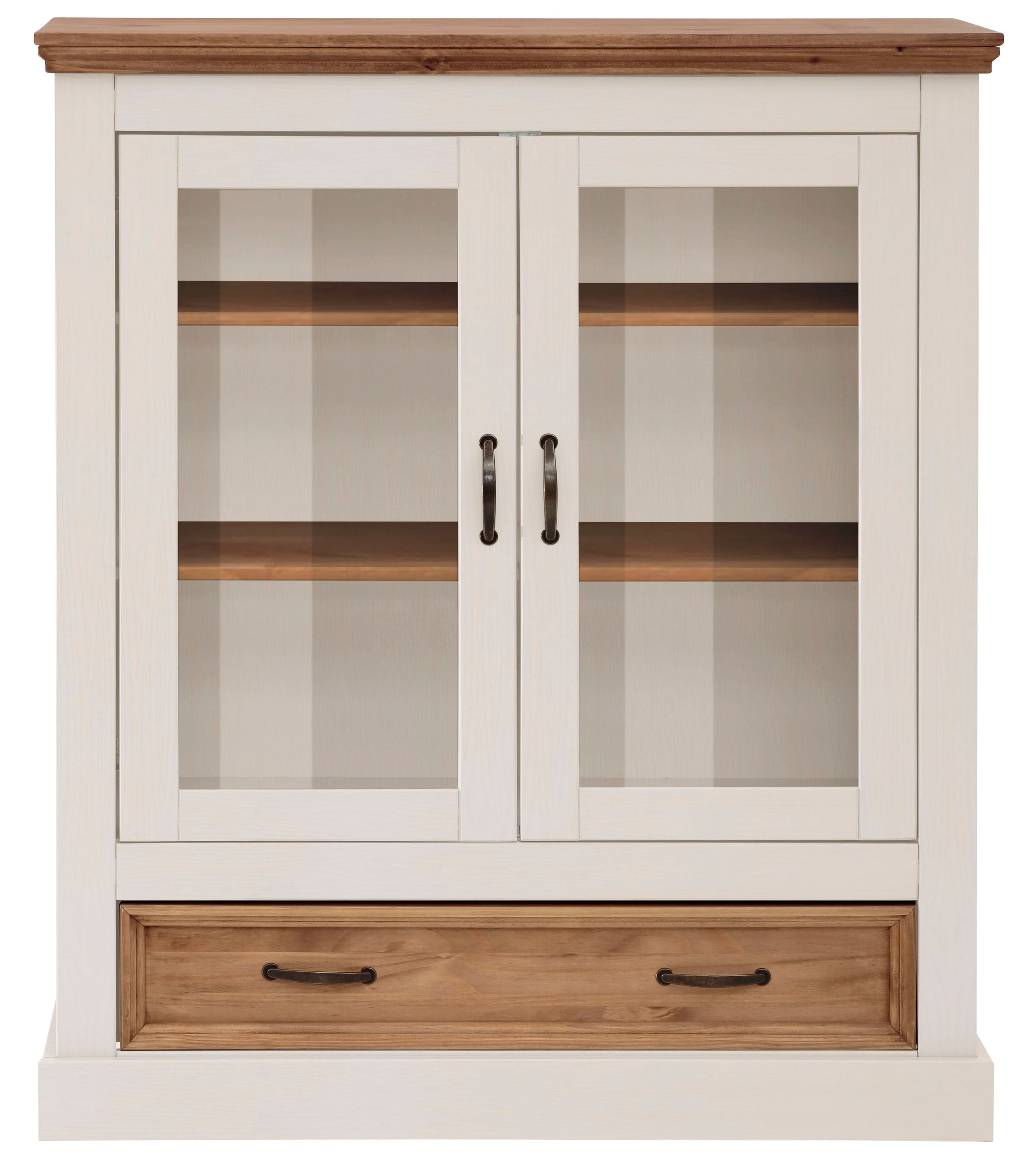 Home affaire Vitrine »Selma Highboard«, aus massivem Kiefernholz, mit Griffen aus antikisiertem Metall