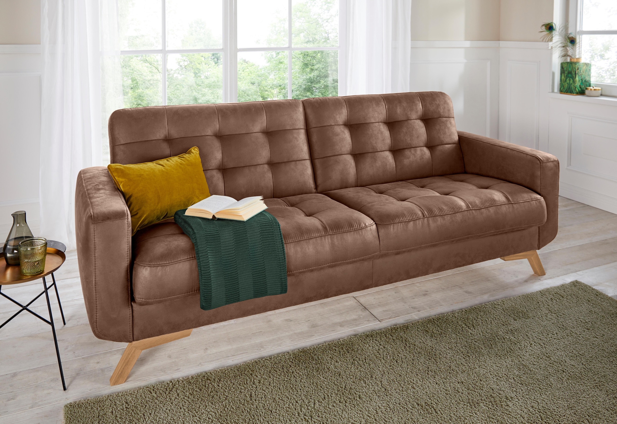 exxpo - sofa fashion 3-Sitzer »Fiord, aktuelles Design, tolle Detailverarbeitung im Sitz und Rücken«, bequem, wahlweise Kippcouch mit Bettfunktion und Bettkasten, Holzfuß
