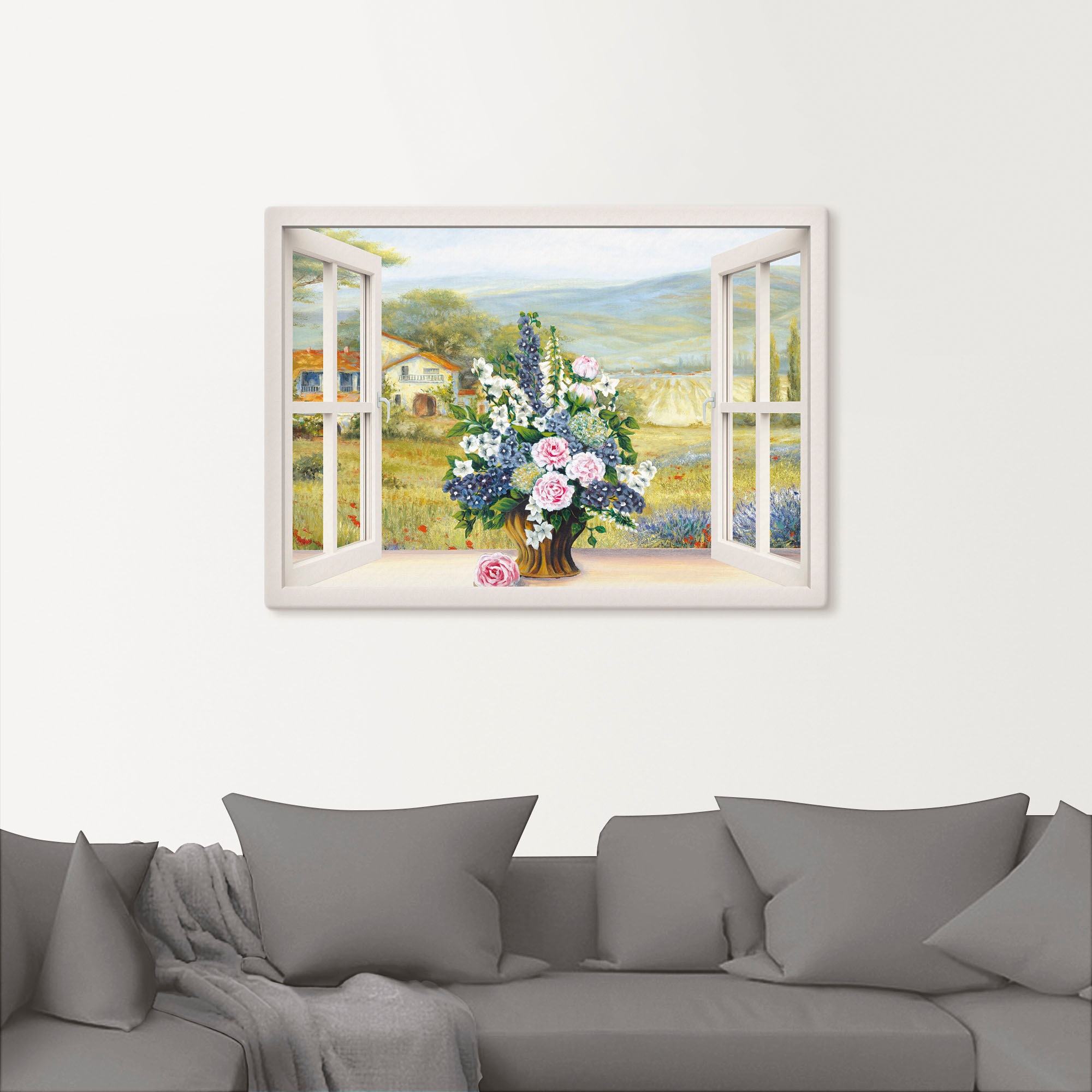 Artland Leinwandbild »Blumenbouquet am weißen Fenster«, Arrangements, (1 St.), auf Keilrahmen gespannt