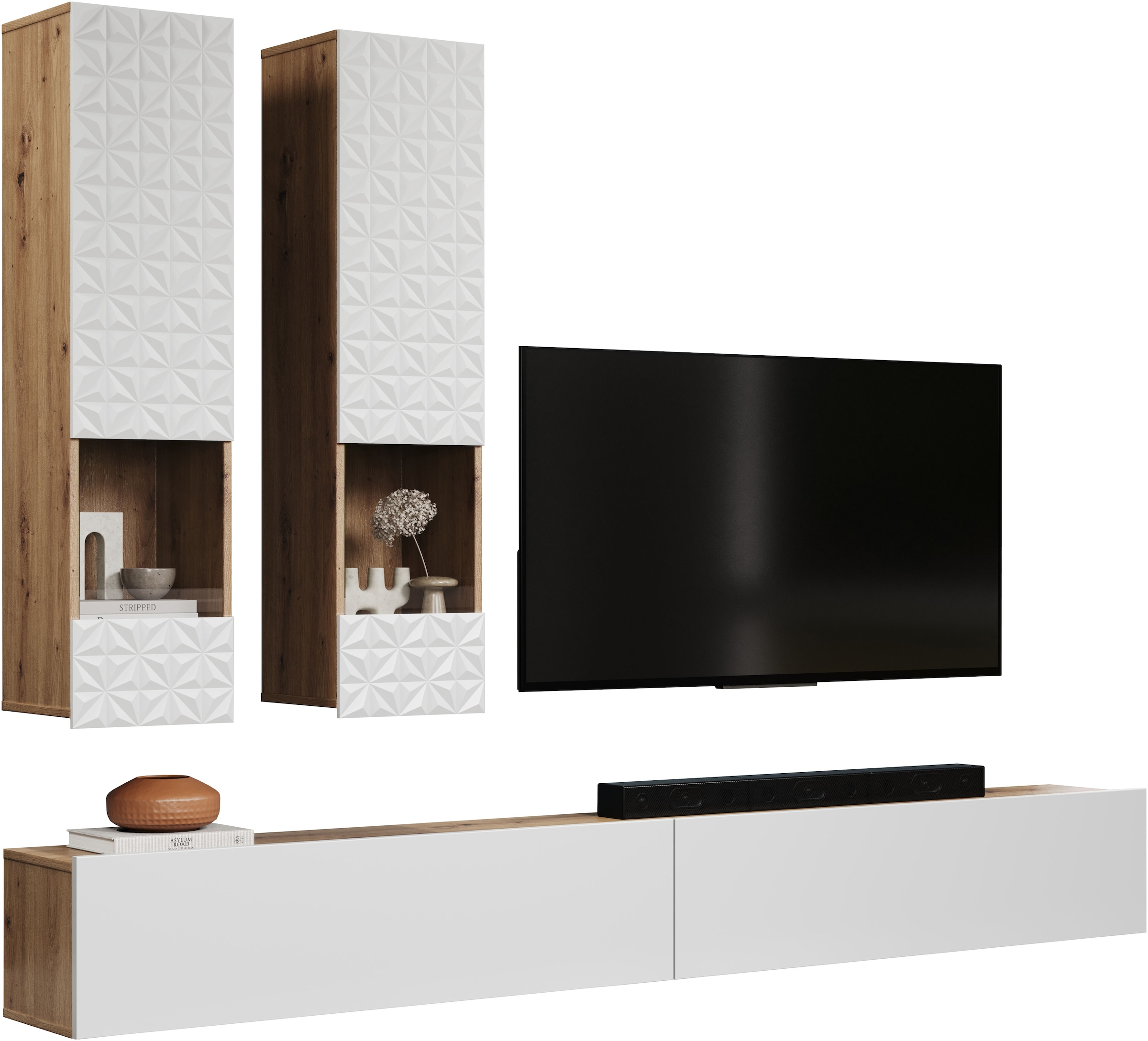 INOSIGN Wohnwand »Rezzo, 2 Hängevitrinen mit Relief-Front, 2 Lowboards je Br. 120 cm«, (Komplett-Set, 4 St.), insgesamt Br. 240 cm, Montage stehend oder hängend